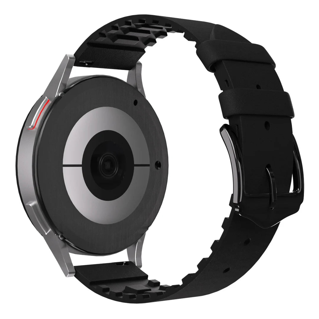 Eine schwarze Smartwatch mit silbernem Rahmen. Die Uhr hat ein schwarzes Lederarmband. Die Rückseite hat eine Kamera und einen Sensor.