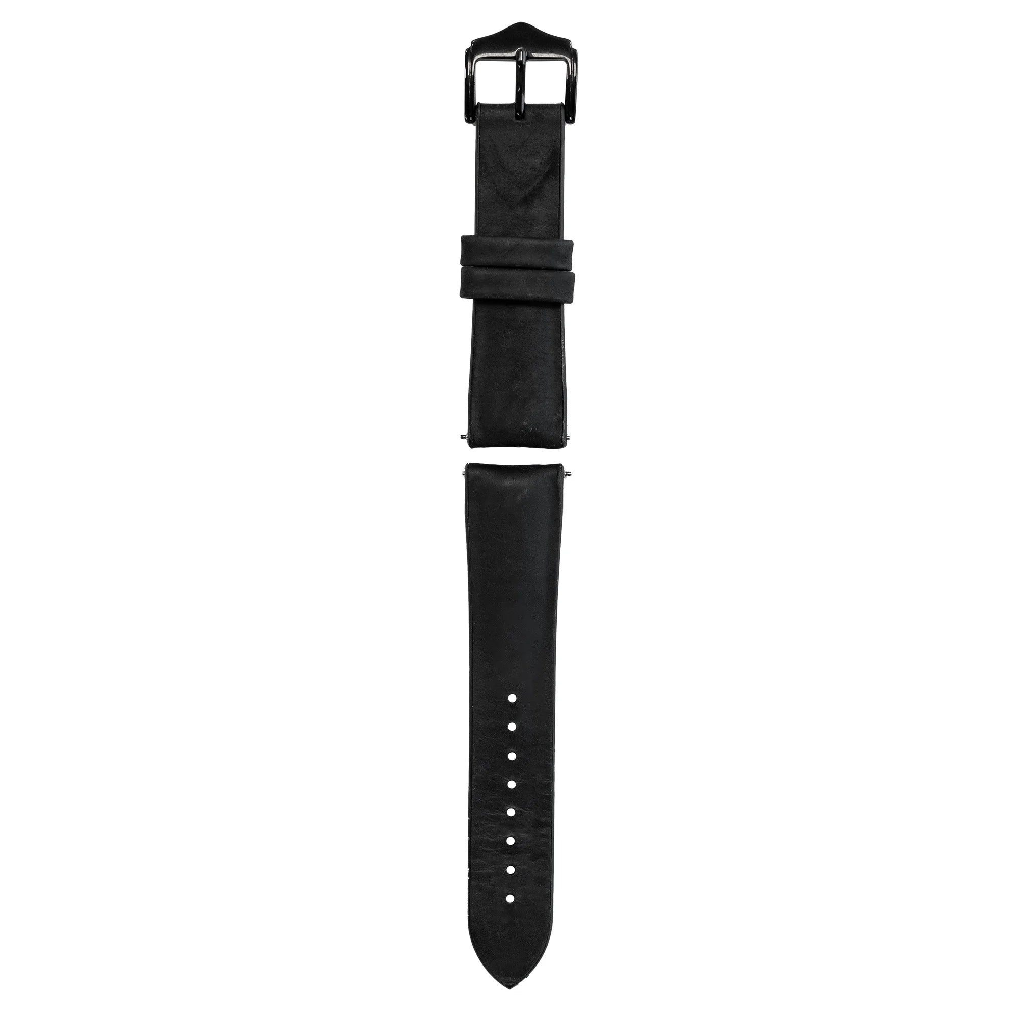 Schwarzes Leder-Uhrenarmband auf weißem Hintergrund. Enthält Schnalle, Bandabschnitte und Löcher zur Anpassung.