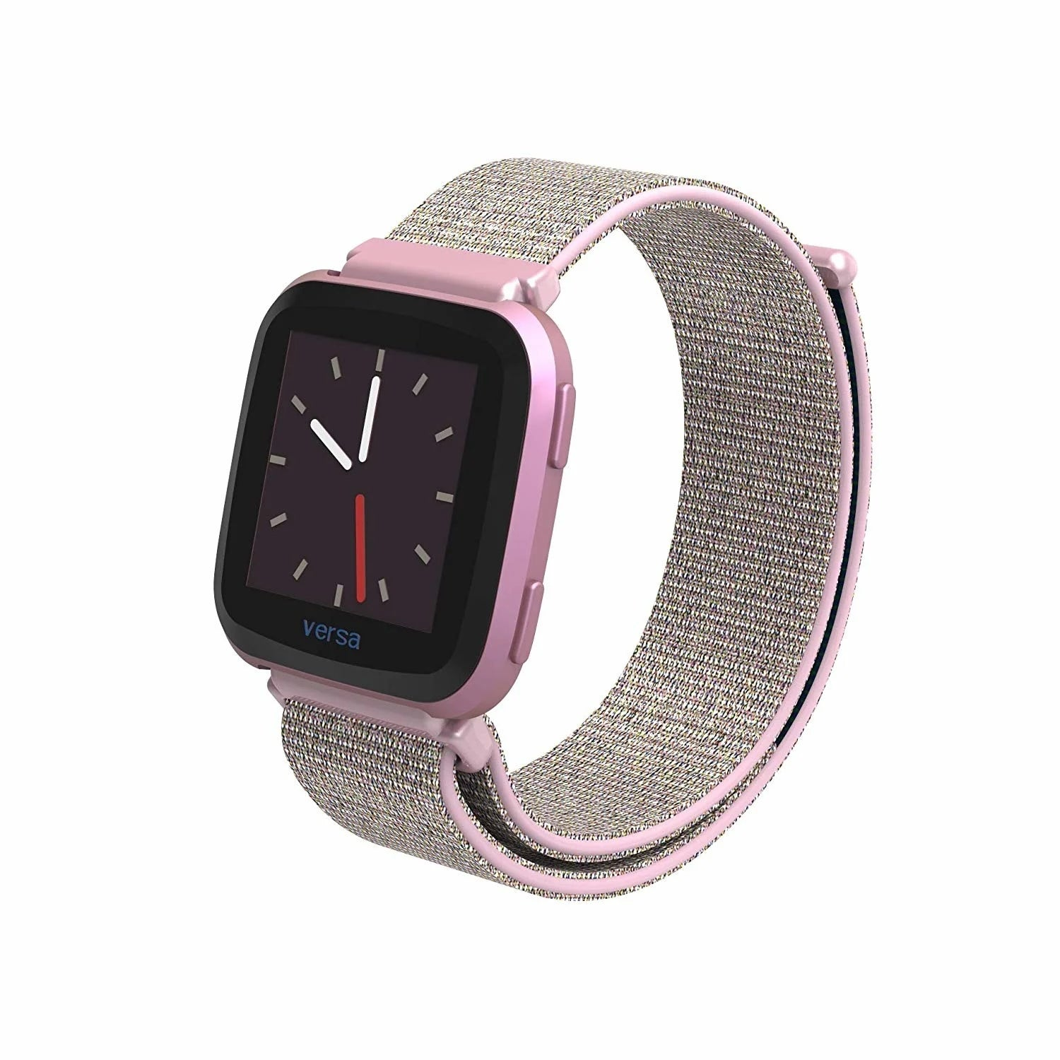 Eine rosa Versa-Smartwatch mit grauem Stoffband. Das Zifferblatt ist dunkel mit weißen Zeigern und einem roten Sekundenzeiger.