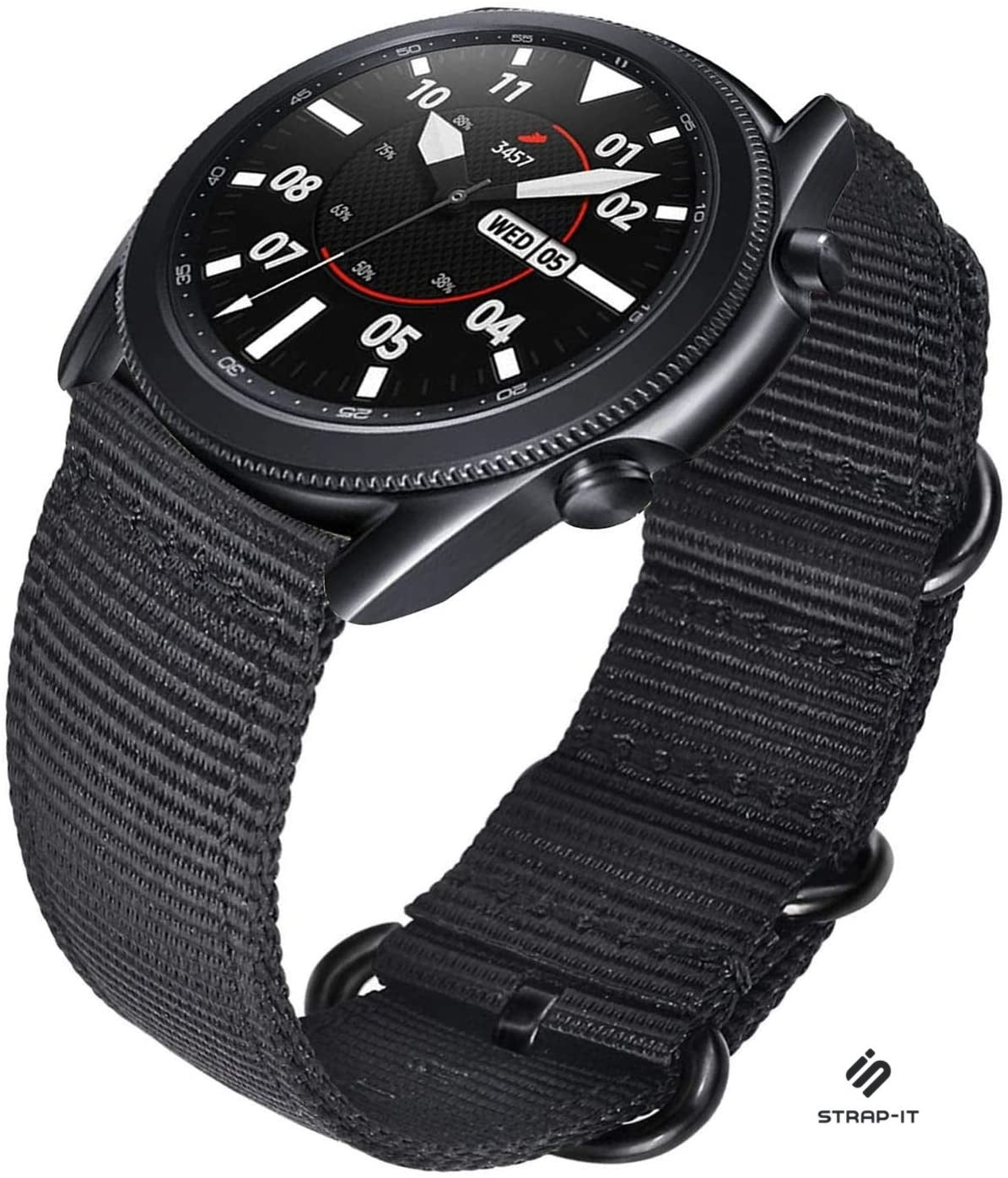 Eine schwarze Smartwatch mit schwarzem Stoffarmband. Das Zifferblatt zeigt Uhrzeit, Datum und Akkulaufzeit.