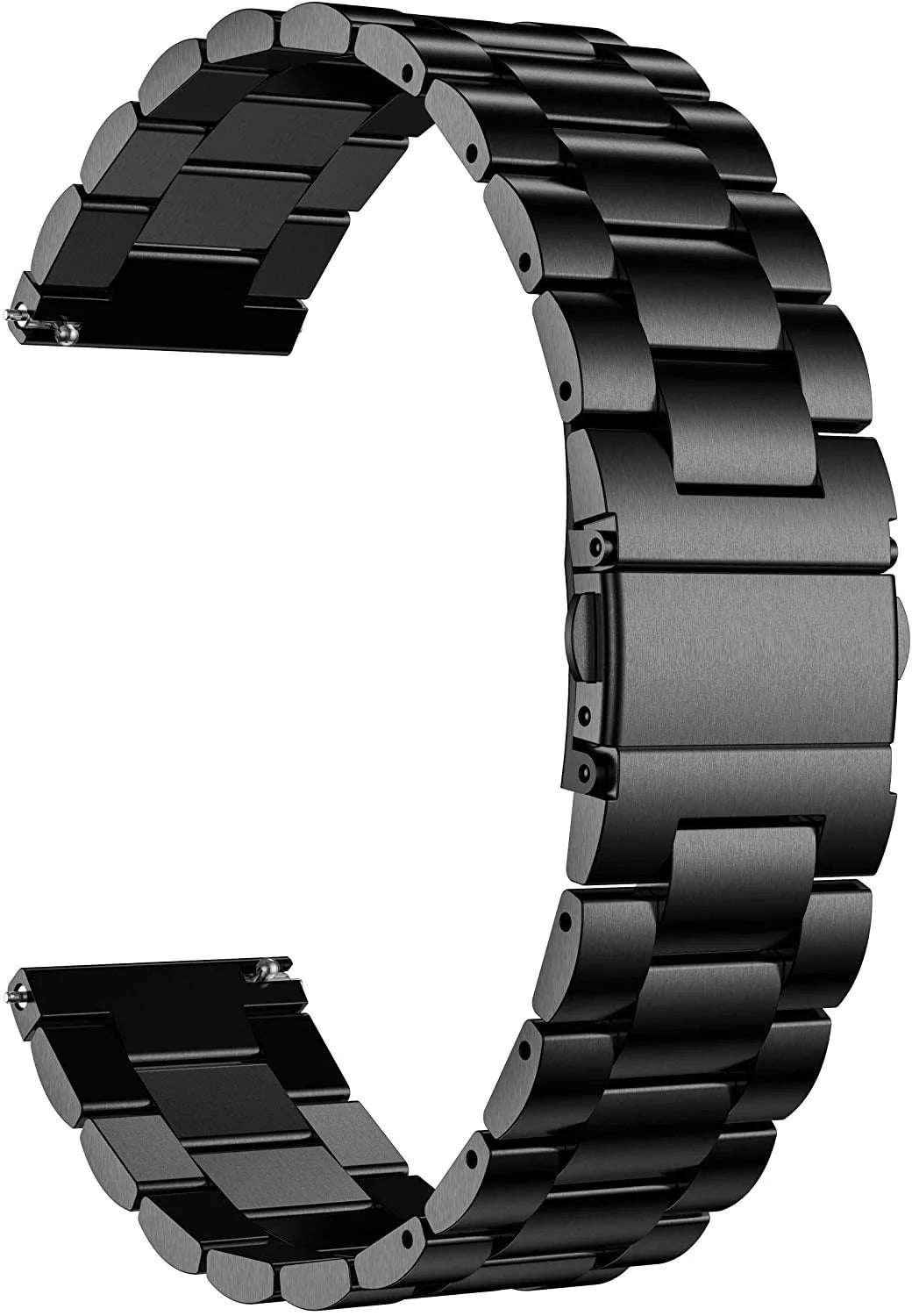 Ein schwarzes Metalluhrenarmband in gebogener Form. Es besteht aus verbundenen rechteckigen Gliedern mit einem Verschluss in der Mitte.