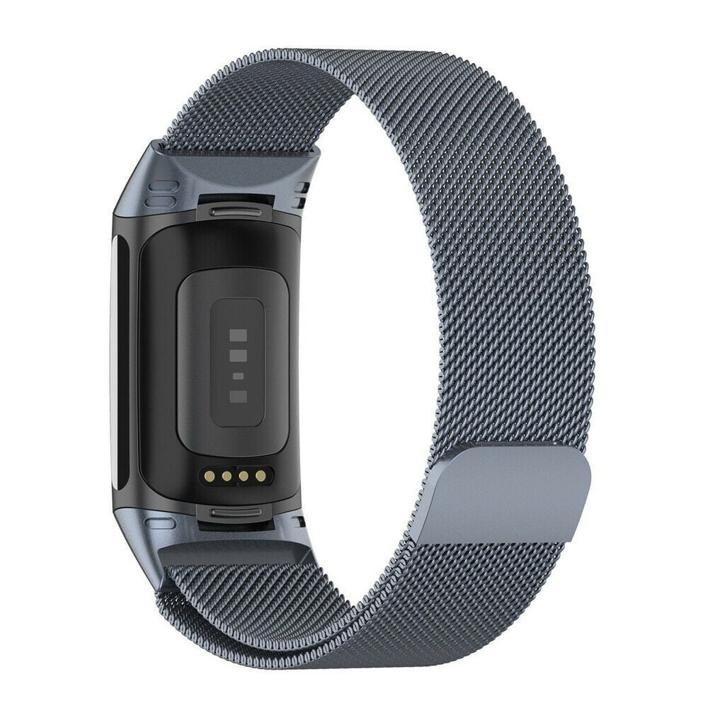 Graues Smartwatch-Armband mit schwarzem Bildschirm und magnetischem Mesh-Armband, zeigt die Rückseite des Geräts mit Ladepunkten.