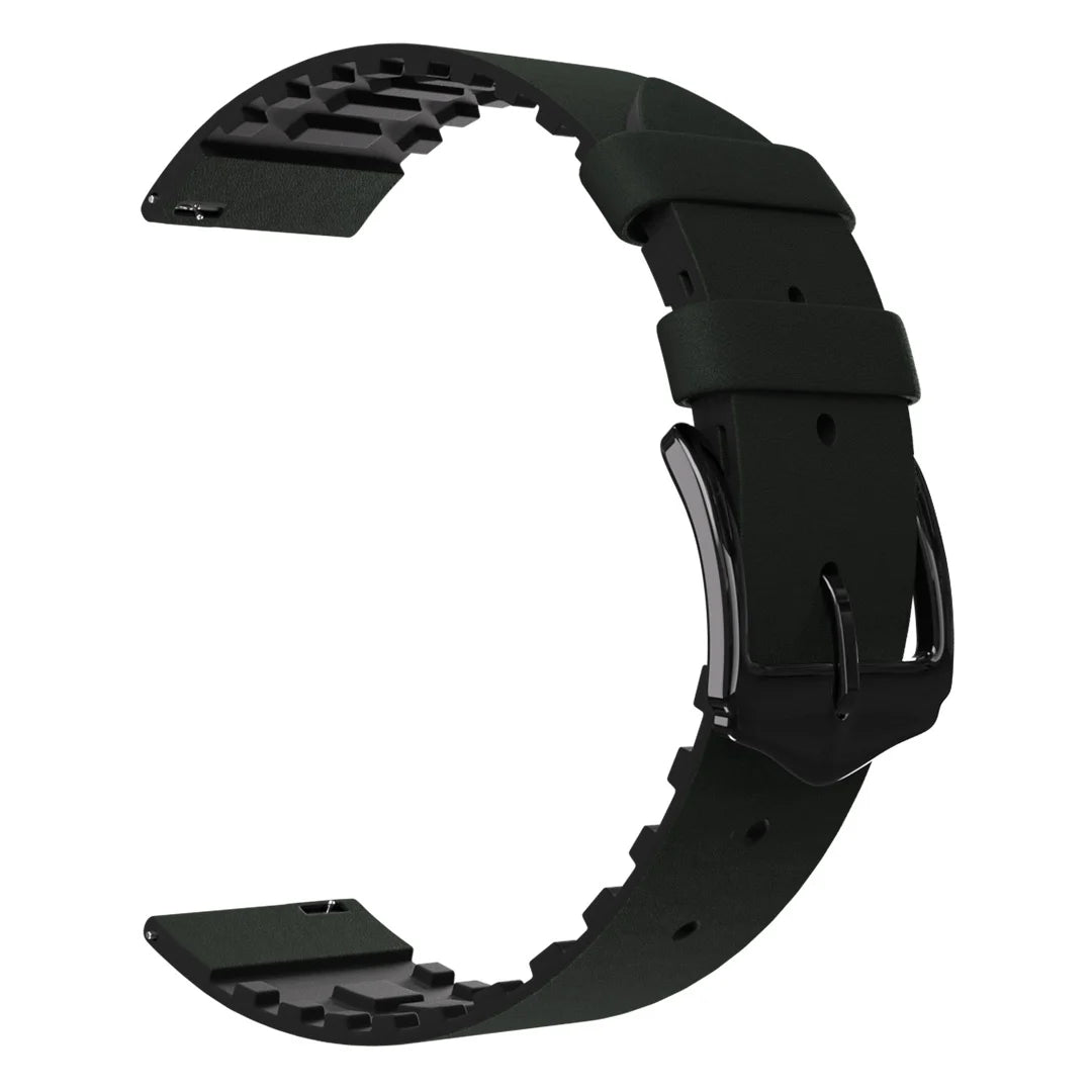 Ein dunkelgrünes Uhrenarmband mit schwarzer Schnalle. Das Armband ist gebogen und hat eine strukturierte Unterseite.