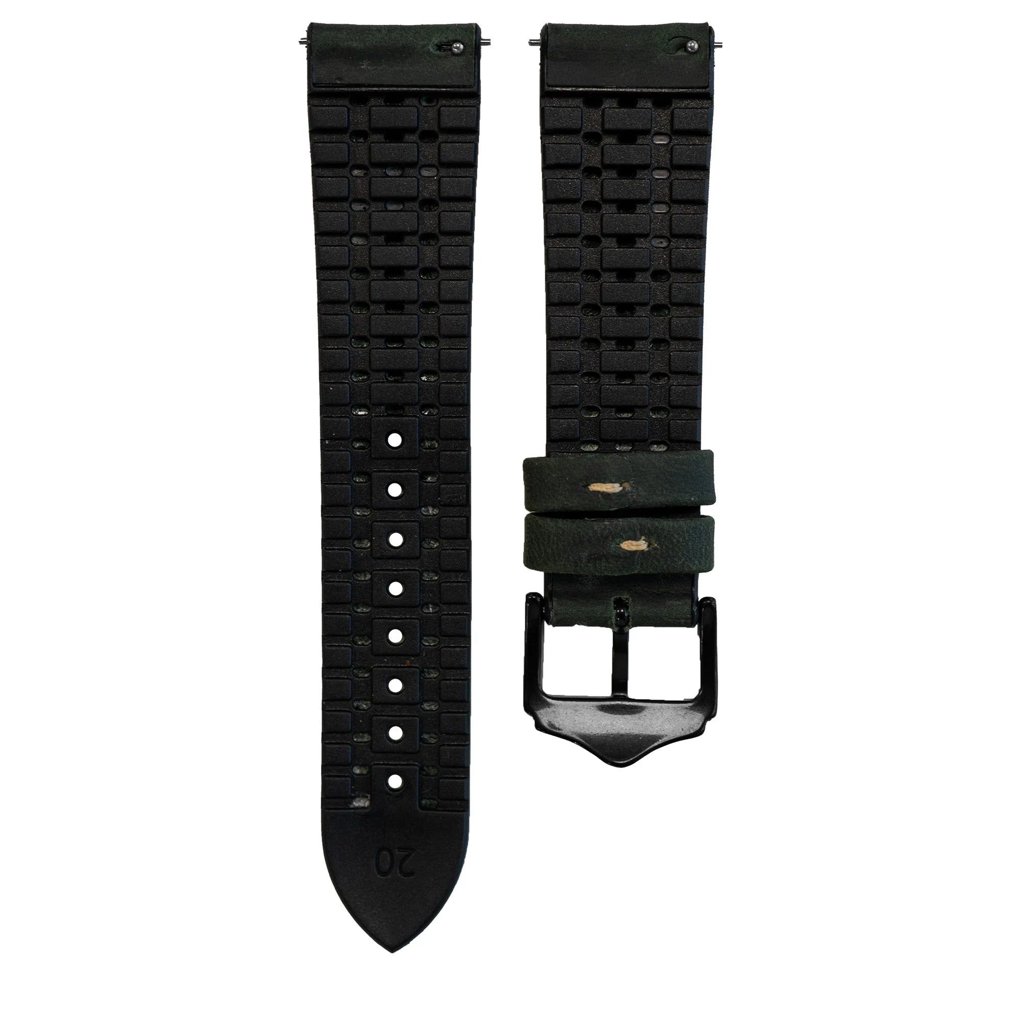 Schwarzes Uhrenarmband mit strukturierter Oberfläche. Eine Seite hat eine Schnalle. Beide Seiten haben einen Stift. Mit '20' markiert.