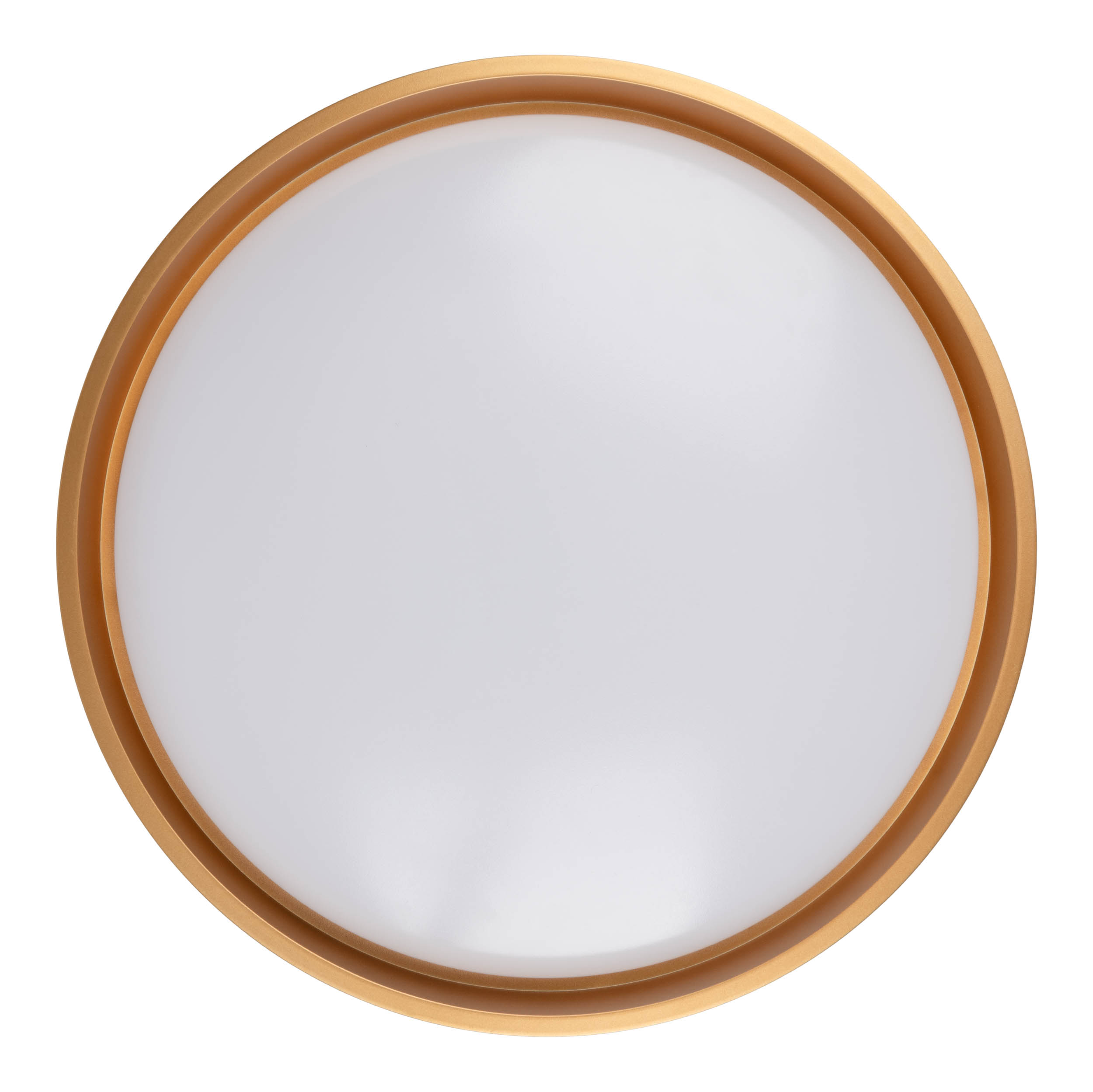 Eine runde Deckenleuchte. Sie hat einen goldfarbenen Ring um das weiße Licht.