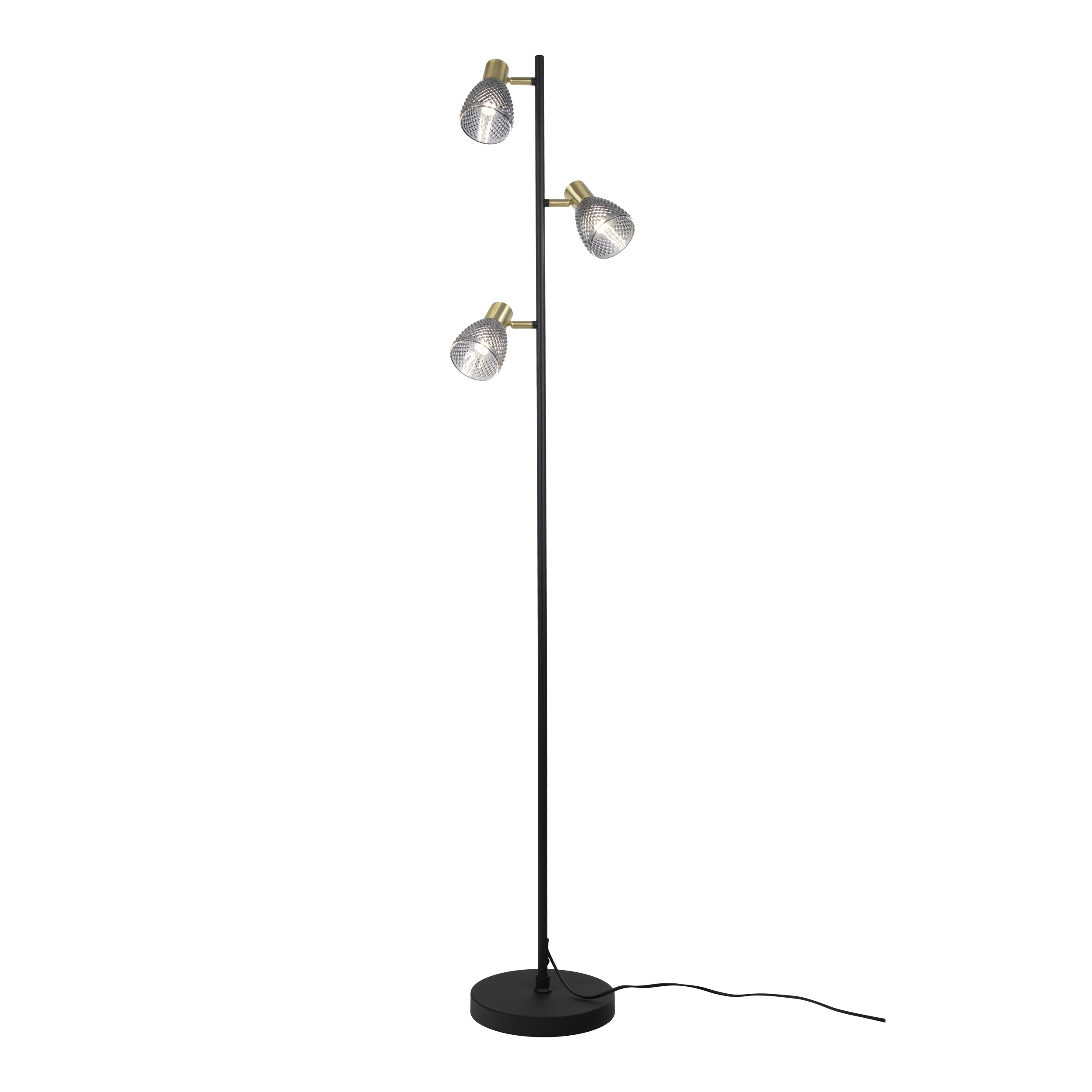 Eine schwarze Stehlampe mit drei Lichtern. Die Lampe hat einen schwarzen Sockel, einen schwarzen Stiel und goldene Akzente.