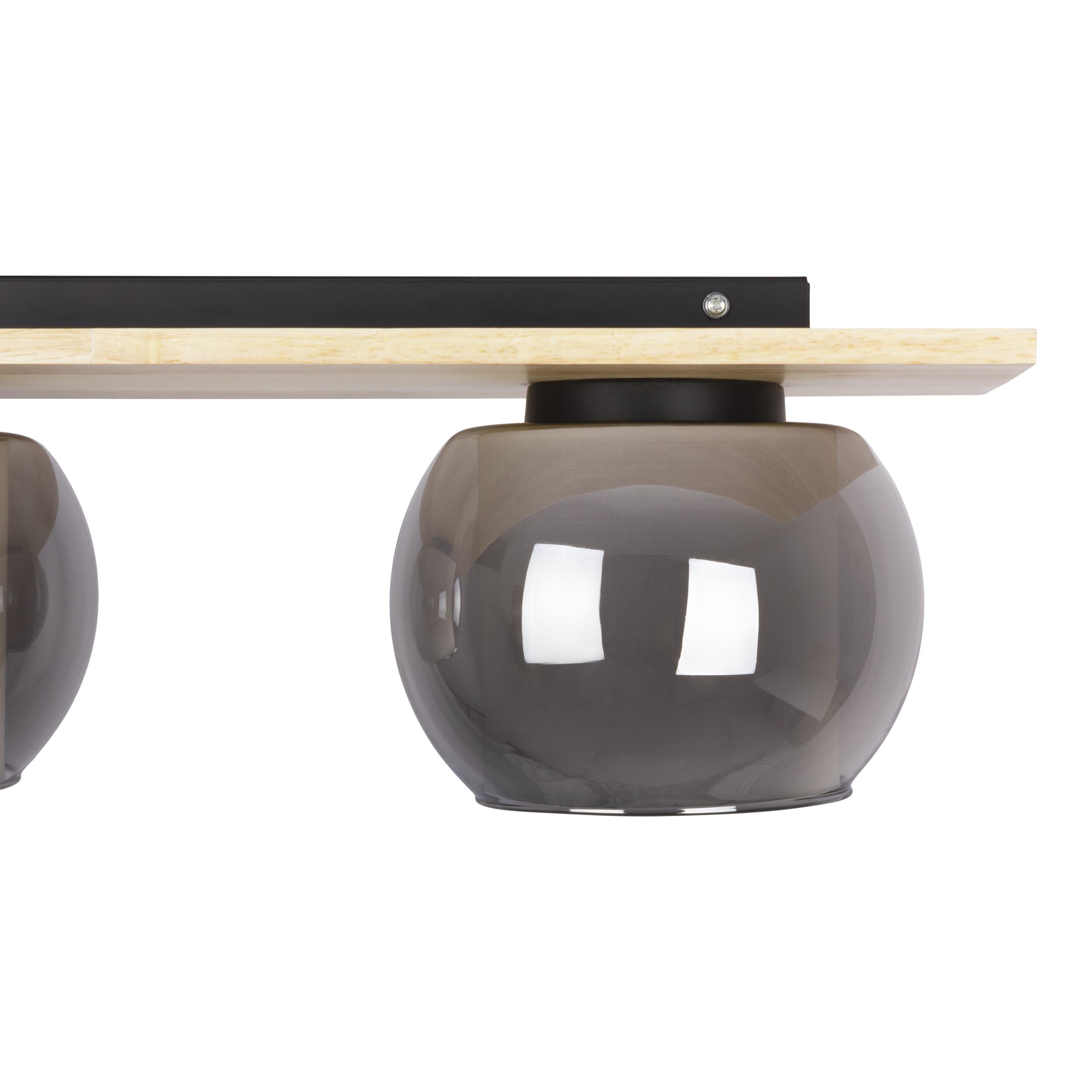 Eine moderne Leuchte mit zwei Glaskugelschirmen, schwarzem Metall und hellem Holz.