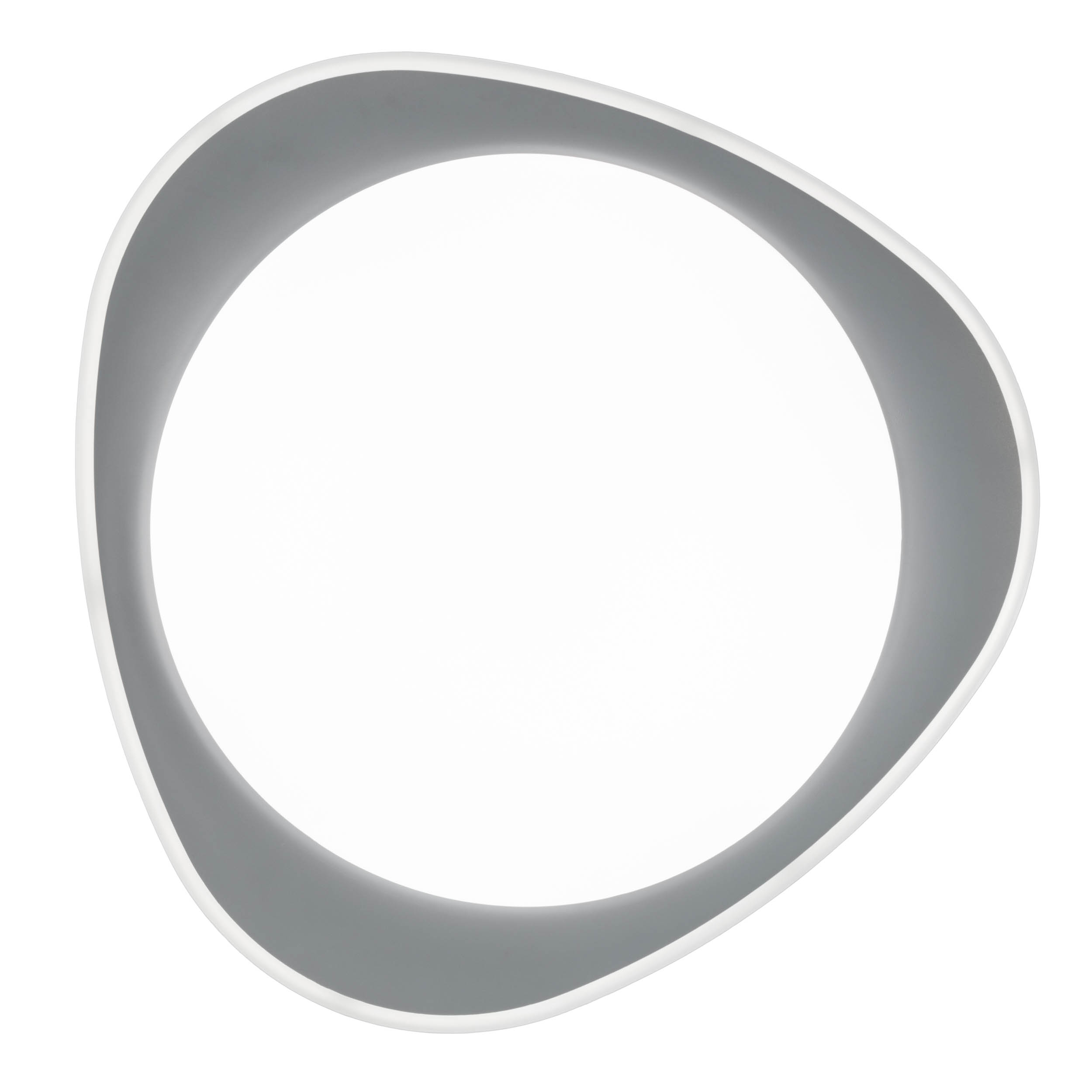 Ein graues, oval geformtes Objekt mit weißem Rand vor weißem Hintergrund. Die Form ist eine geschlossene Schleife.