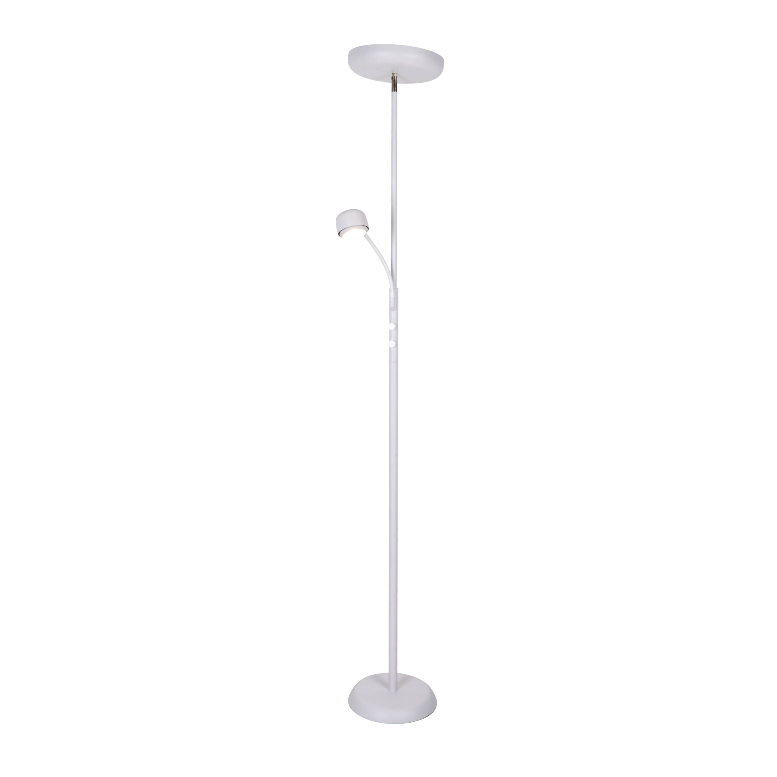Eine weiße Stehlampe. Sie hat einen Fuß, einen hohen Stiel und ein kleineres Licht oben. Der Hintergrund ist weiß.