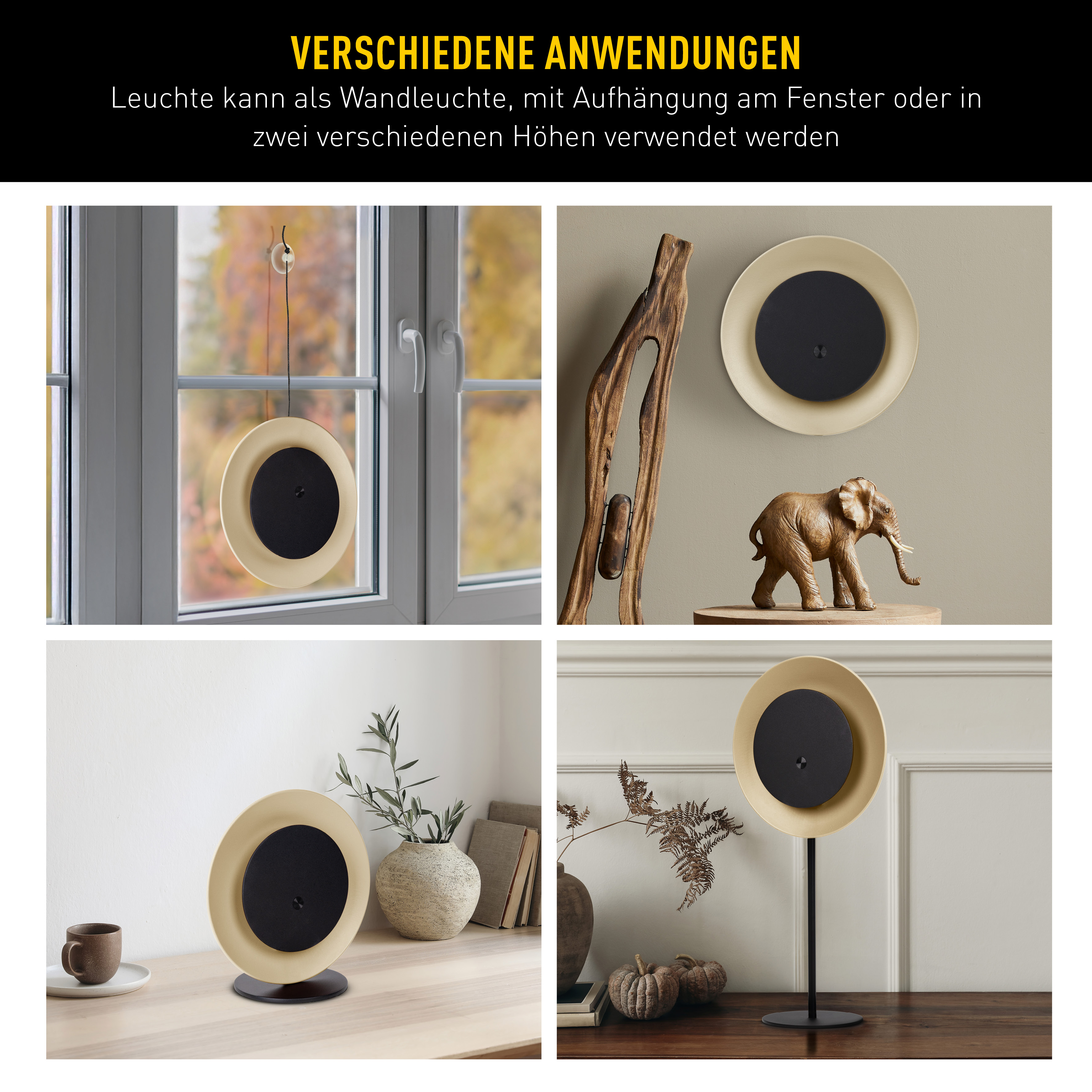 Das Bild zeigt eine Lampe in verschiedenen Umgebungen: Wand, Fensteraufhängung und auf einem Tisch. Jedes hat eine andere Einrichtung.