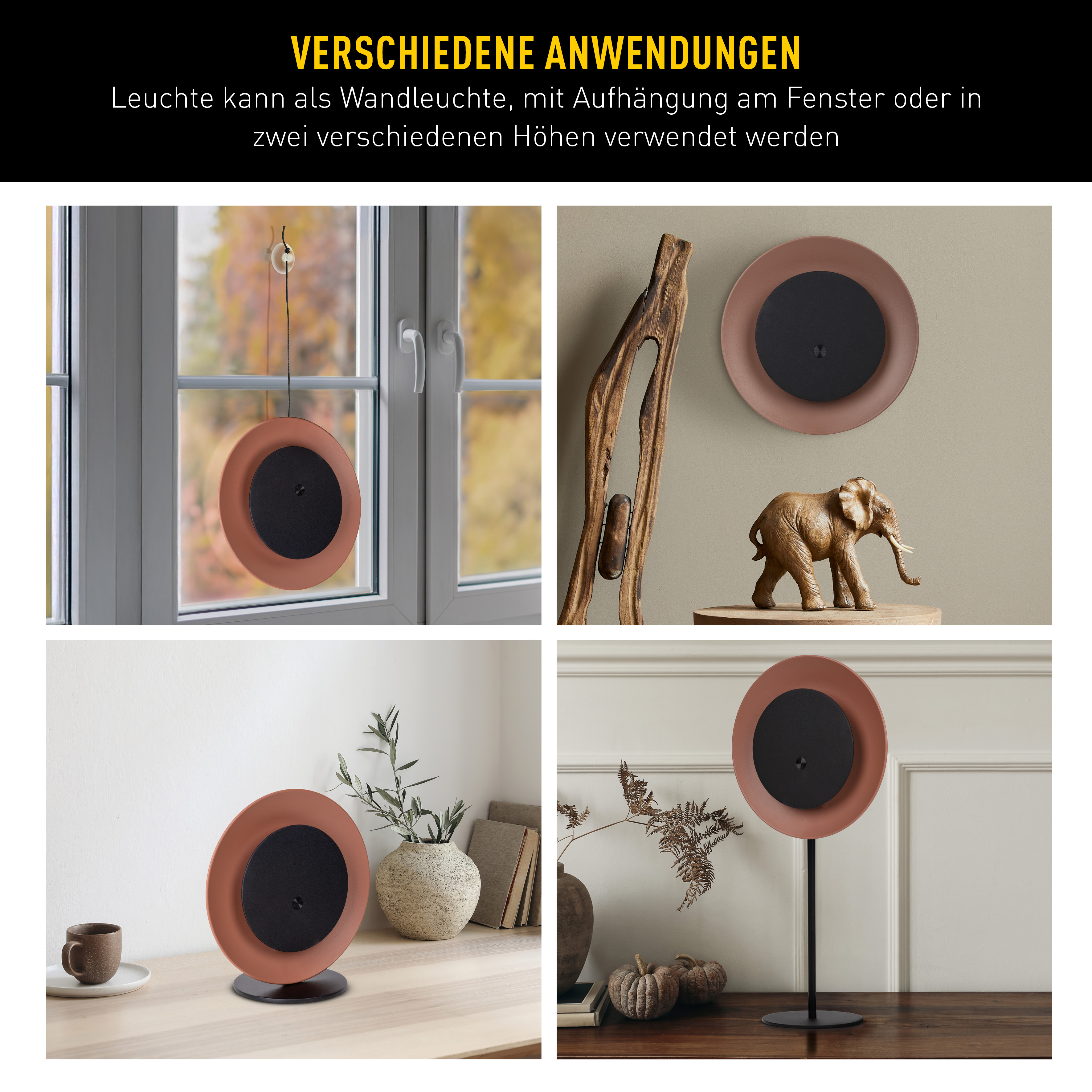 Vier Bilder zeigen eine Lampe in verschiedenen Umgebungen: hängend, auf einem Tisch und auf einem Ständer. Die Lampe hat ein kreisförmiges Design.
