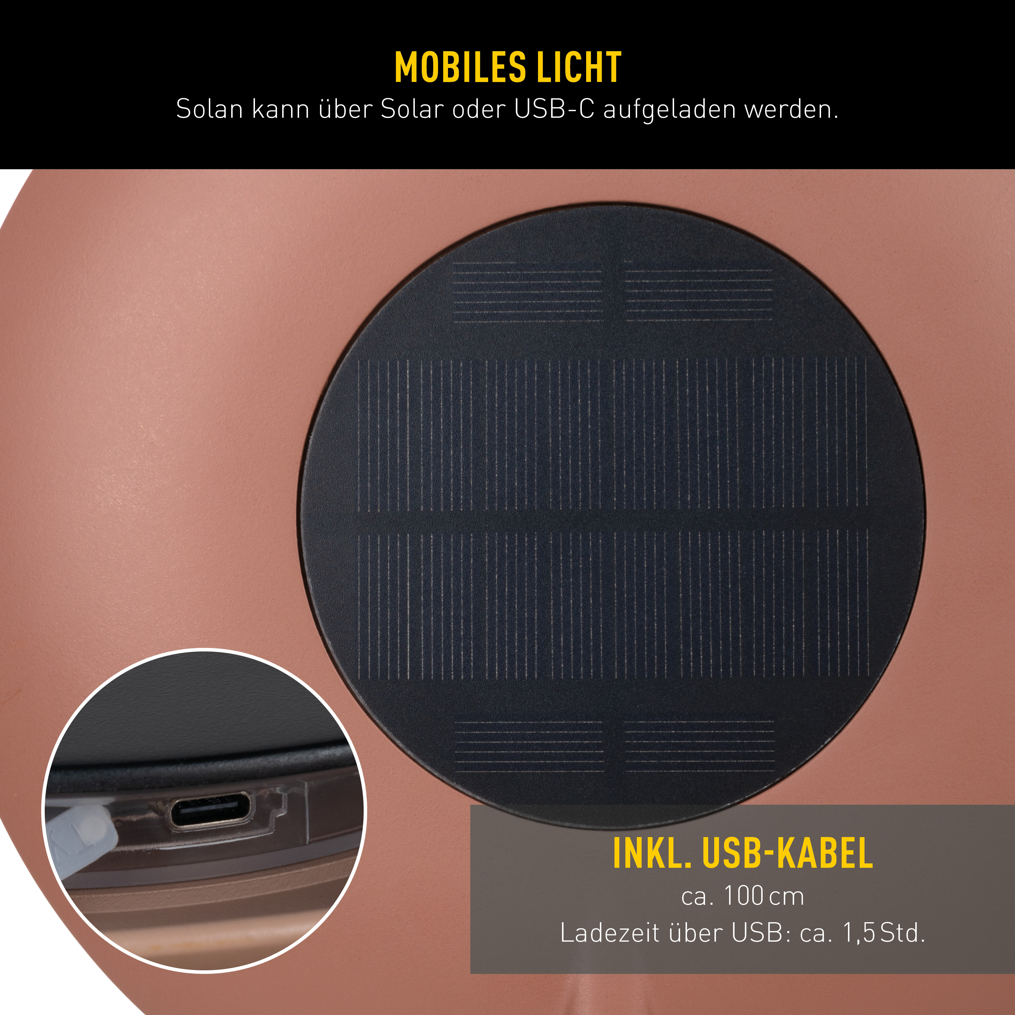 Nahaufnahme einer solarbetriebenen Leuchte mit schwarzem Solarpanel. Ein USB-Anschluss ist sichtbar. Text enthält USB-Kabelinformationen.