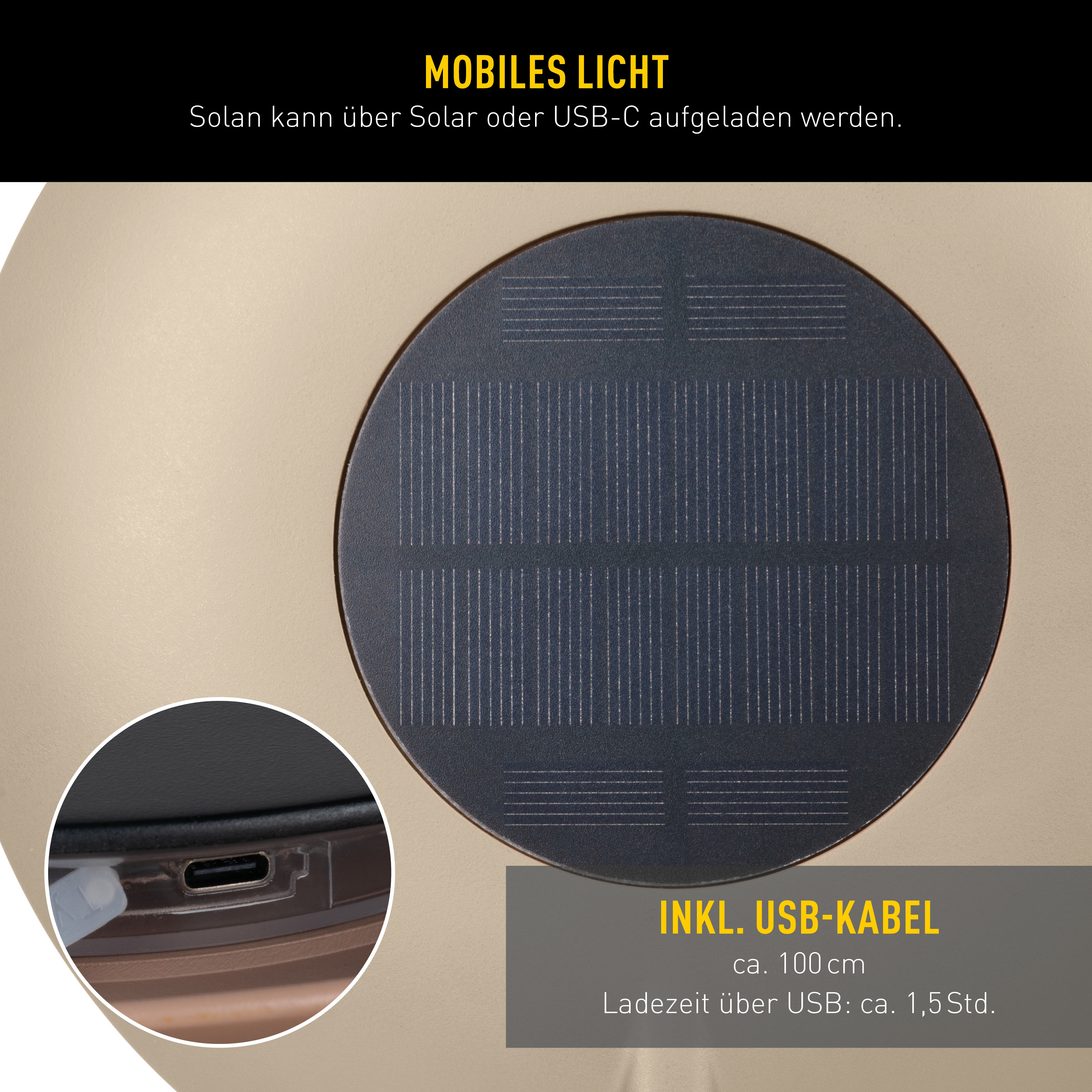 Rundes Solarpanel, USB-Kabel-Detail und Text über Ladeoptionen werden gezeigt.