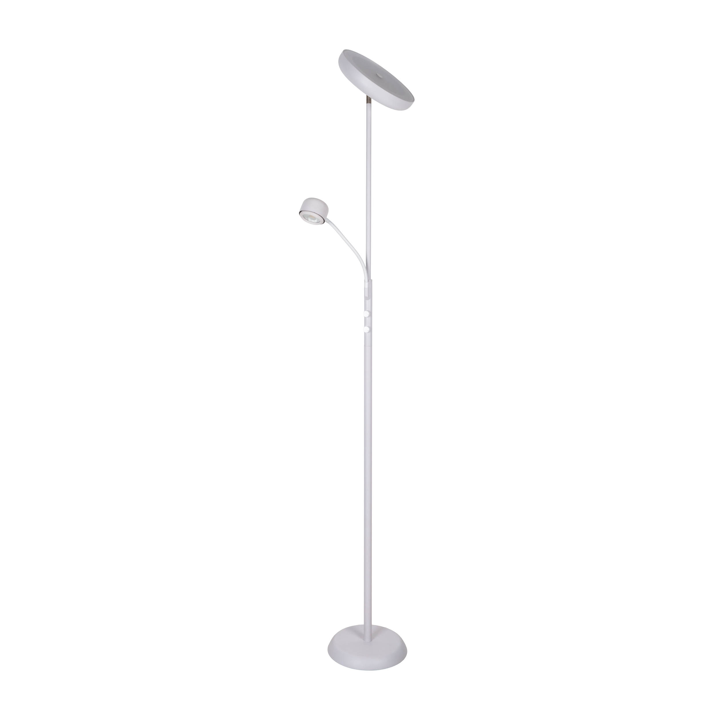 Eine weiße Stehlampe. Sie hat eine hohe, gerade Stange mit zwei Leuchten oben und einem runden Sockel.