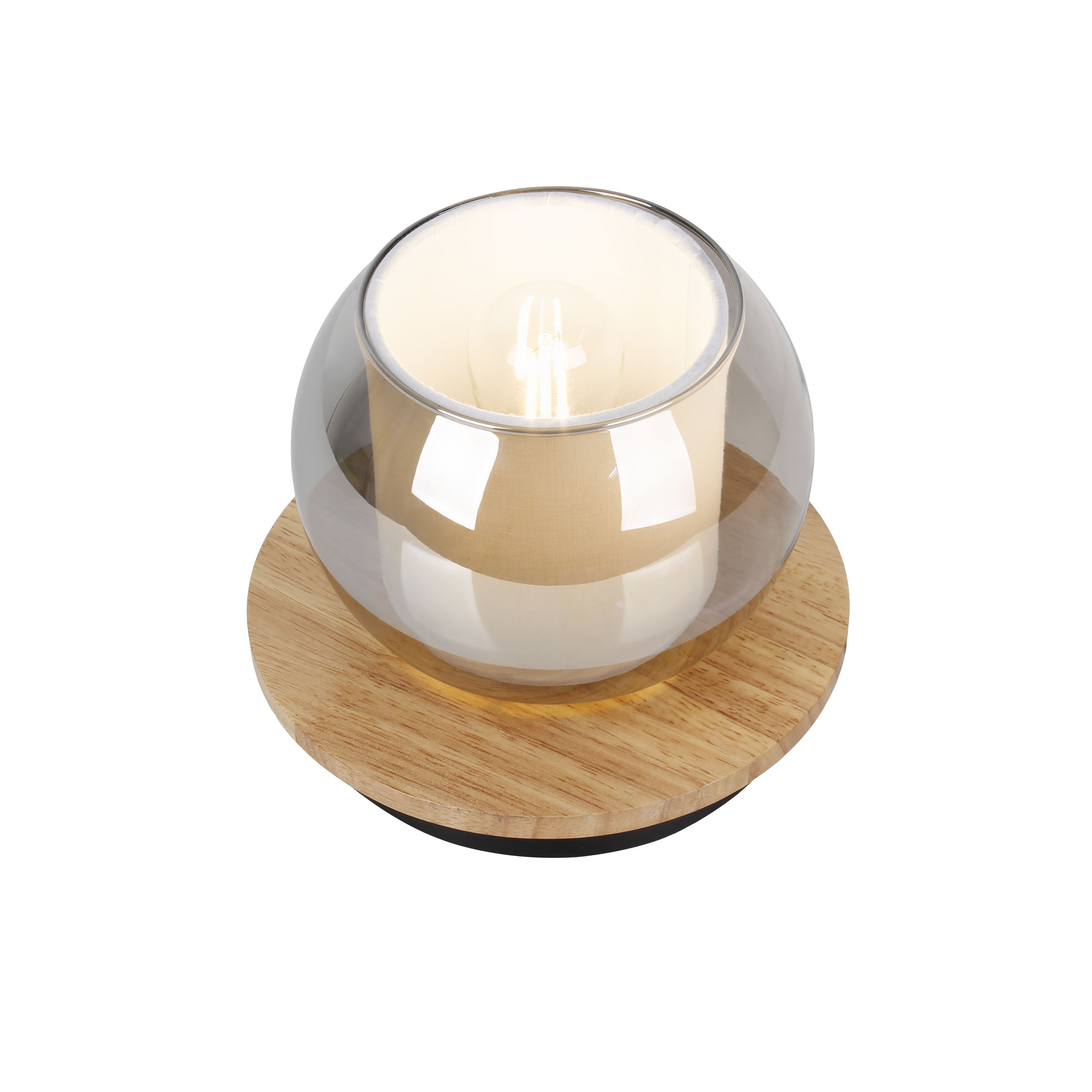 Eine kleine Lampe mit Glasschirm, Glühbirne und Holzsockel. Der Hintergrund ist weiß.
