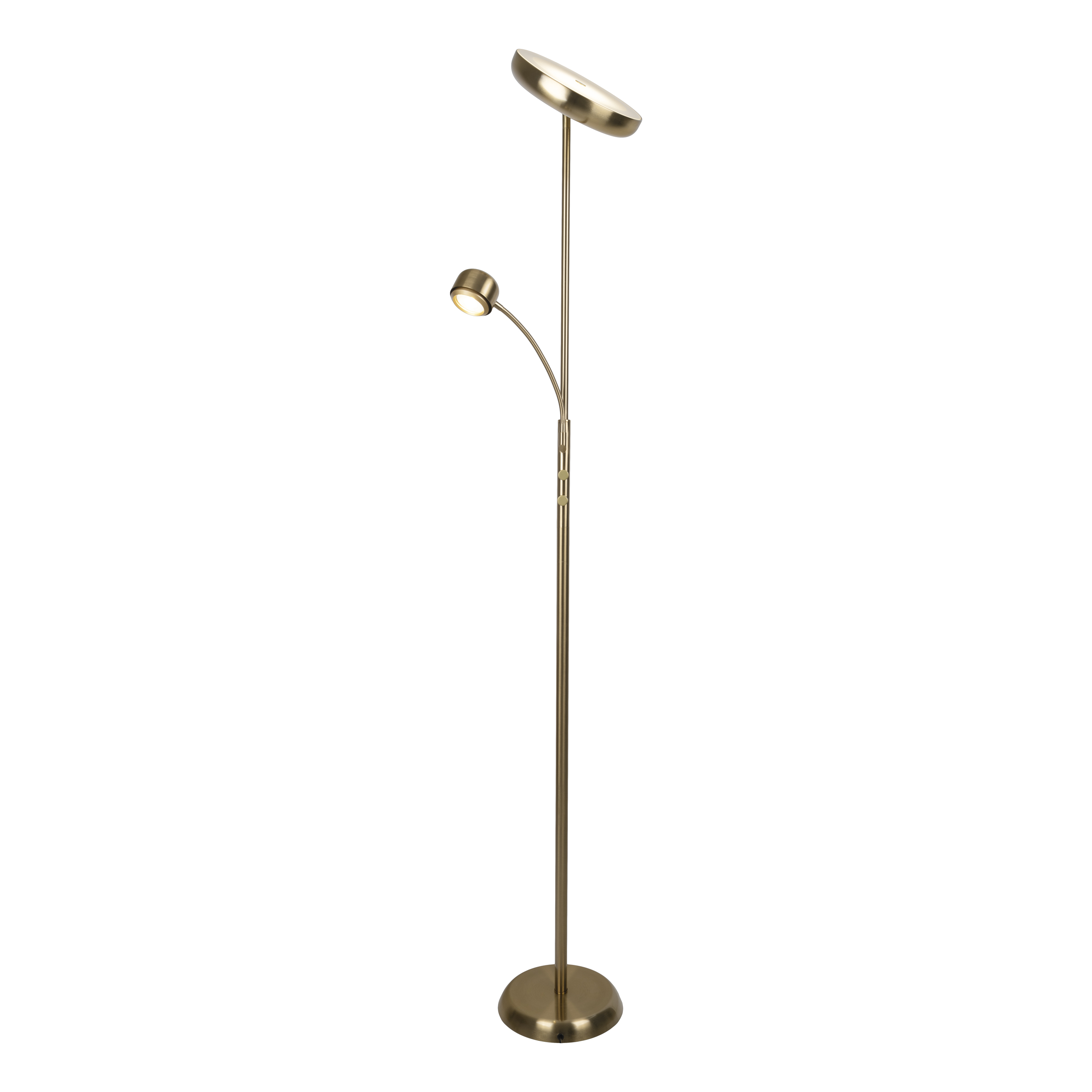 Eine goldene Stehlampe mit zwei Lichtern, eines scheibenförmig oben und das andere kleiner und gebogen.