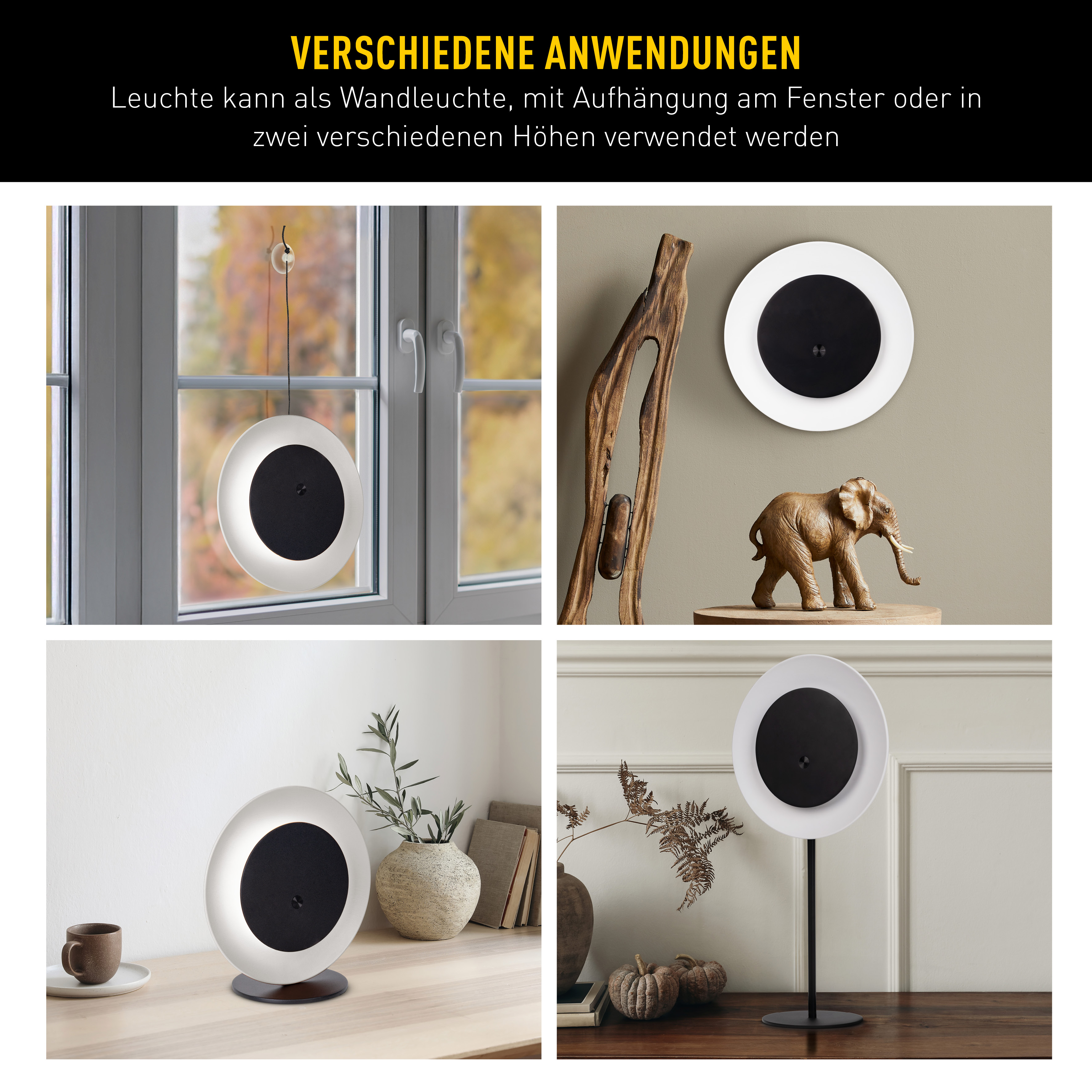 Das Bild zeigt eine moderne Lampe in verschiedenen Umgebungen: am Fenster hängend, auf einem Ständer und auf einem Tisch.