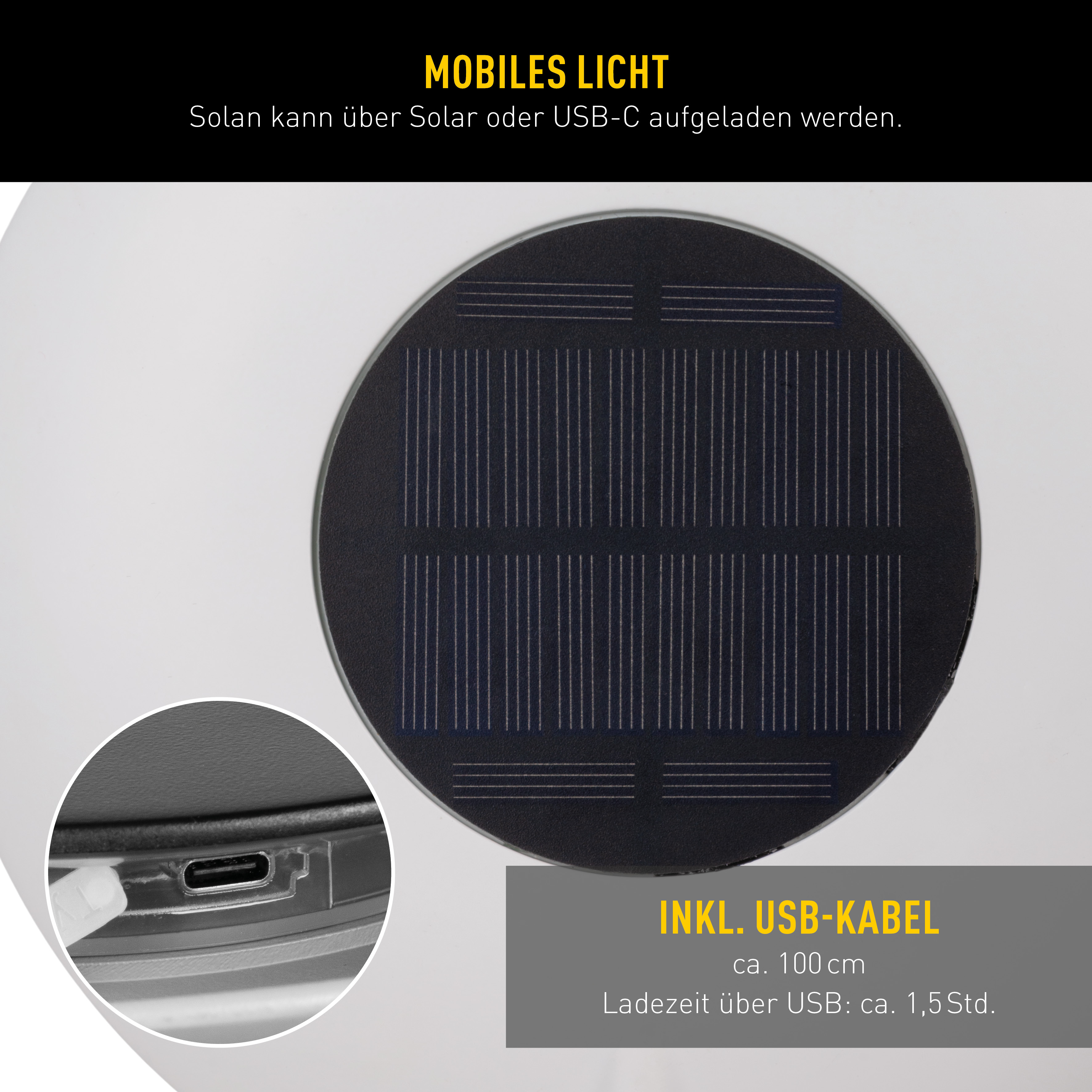 Ein schwarzes Solarpanel auf einer runden Leuchte. Ein USB-Anschluss ist abgebildet, Text zeigt Aufladung via USB.
