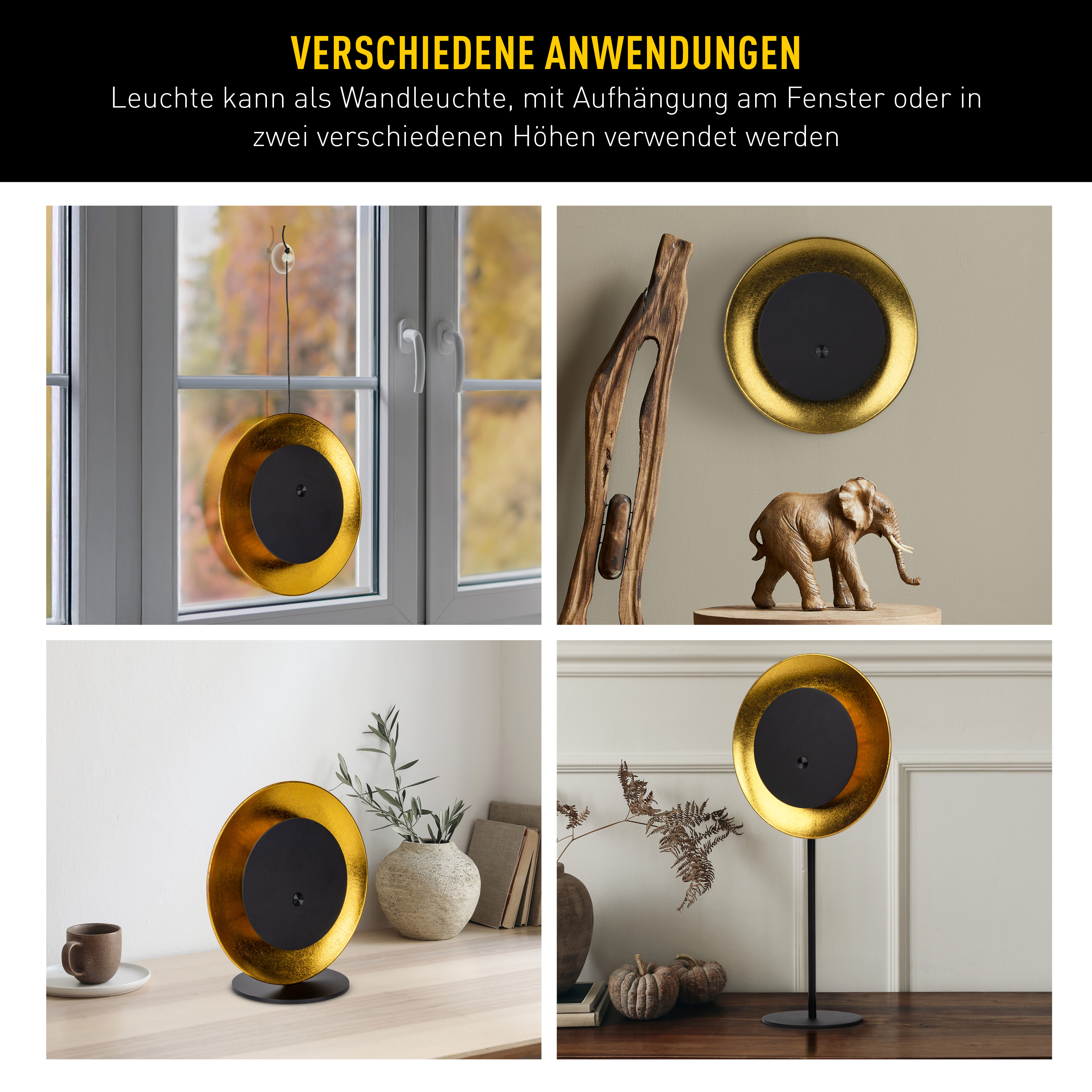 Das Bild zeigt eine gold-schwarze Lampe in verschiedenen Umgebungen: Fenster, Tisch mit Dekoration und stehend.