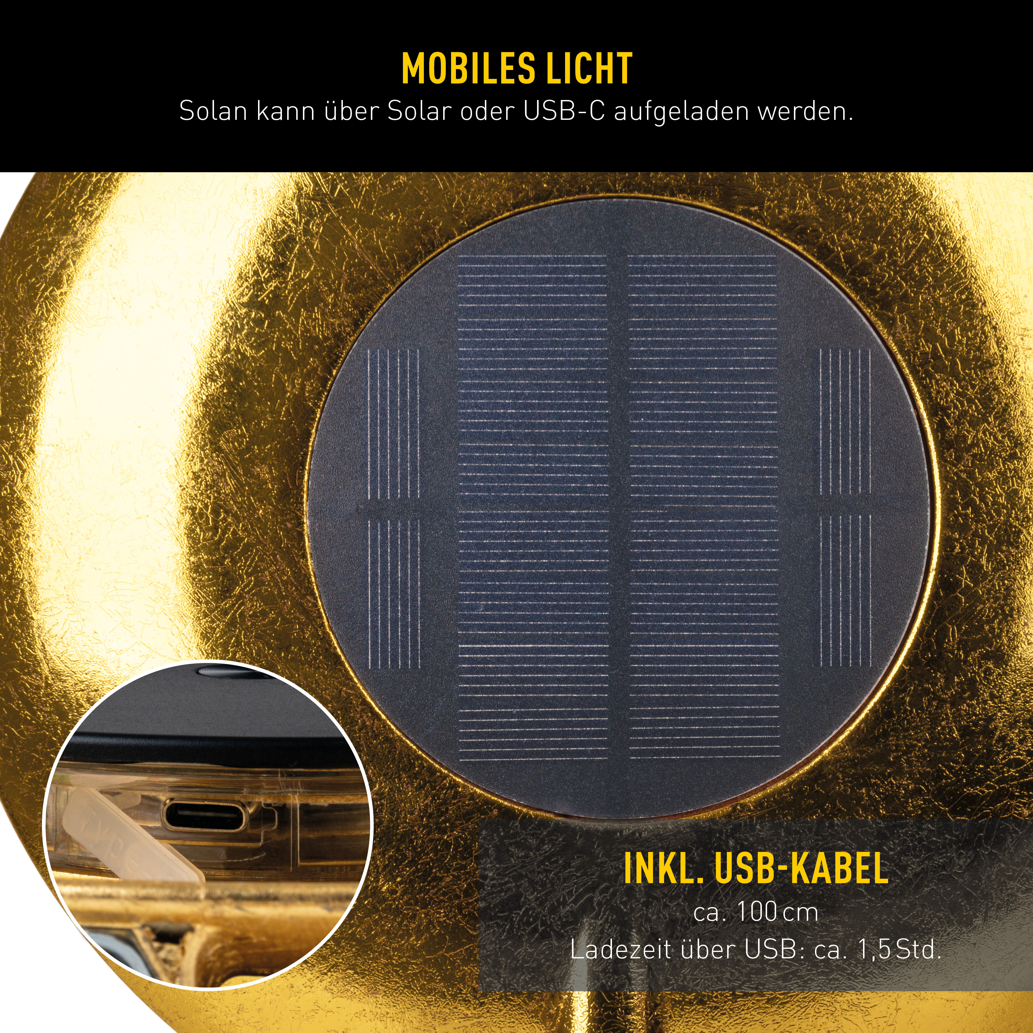 Nahaufnahme eines Solarpanels, einer goldfarbenen Oberfläche und eines USB-Anschlusses. Text deutet auf Laden.