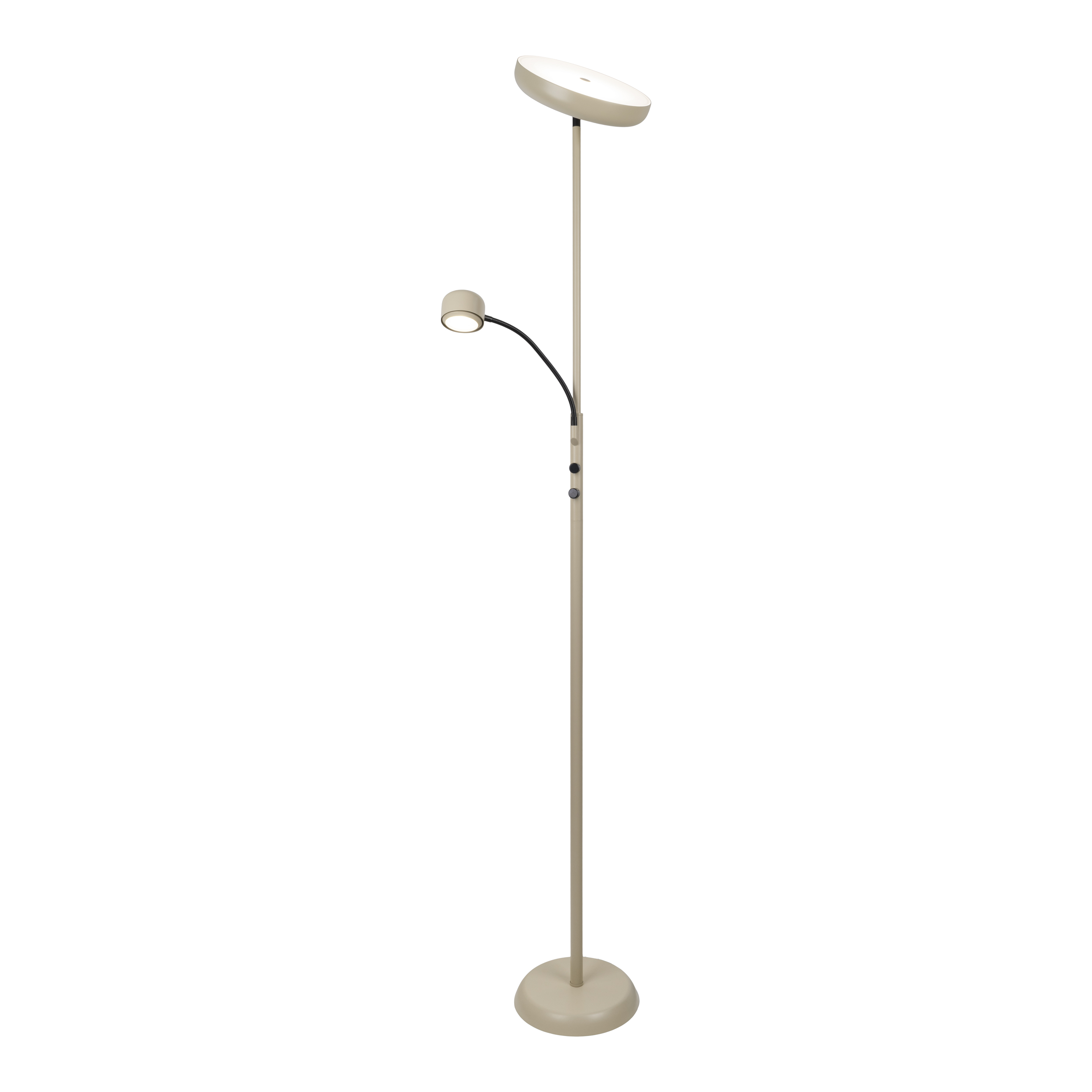 Eine beige Stehlampe mit zwei Leuchten. Einer ist rund und abgewinkelt, der andere ist kleiner und flexibel.