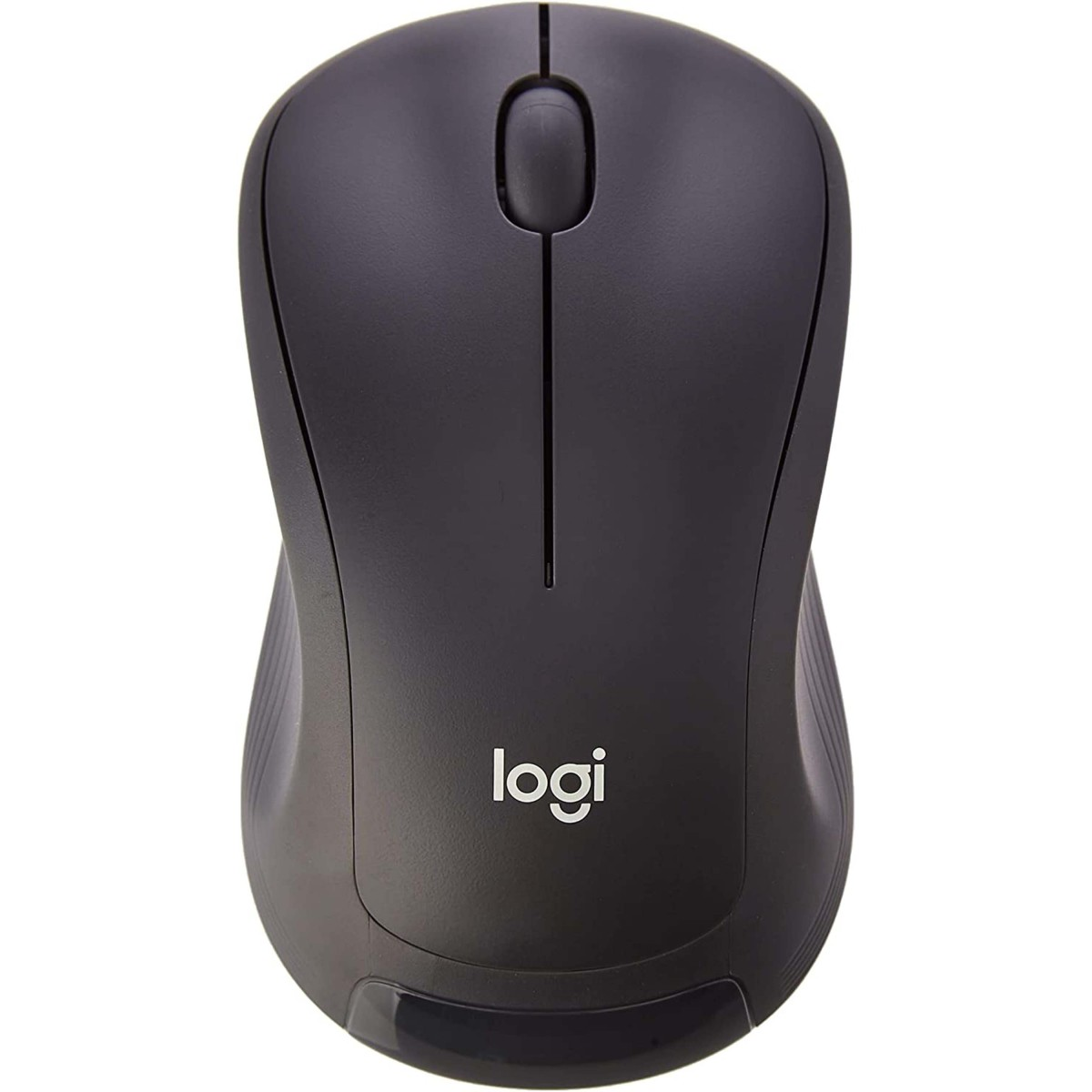 Czarna bezprzewodowa mysz Logitech. Posiada kółko przewijania i dwa przyciski, z logo Logitech.