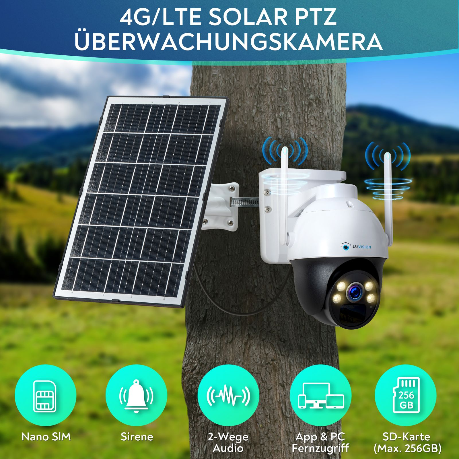 Solarbetriebene Überwachungskamera an einem Baum montiert. Mit Solarpanel, Kamera und Symbolen für SIM, Sirene, Audio und Speicher.