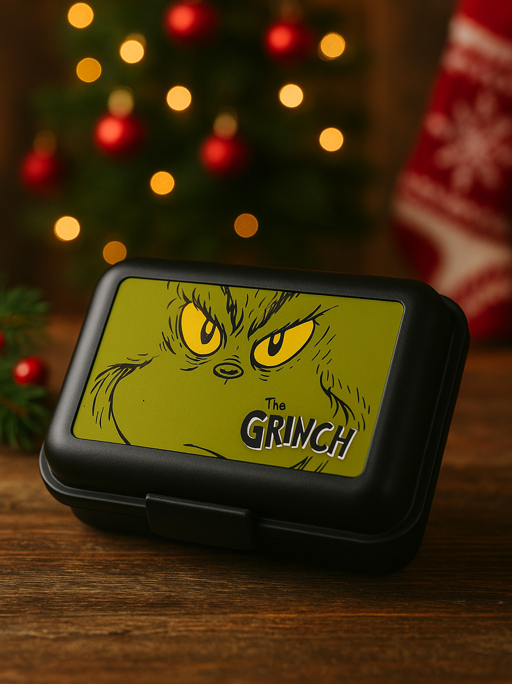 Schwarze Brotdose mit Grinch-Grafik. Weihnachtsbaum und Ornamente im Hintergrund. Holzoberfläche.