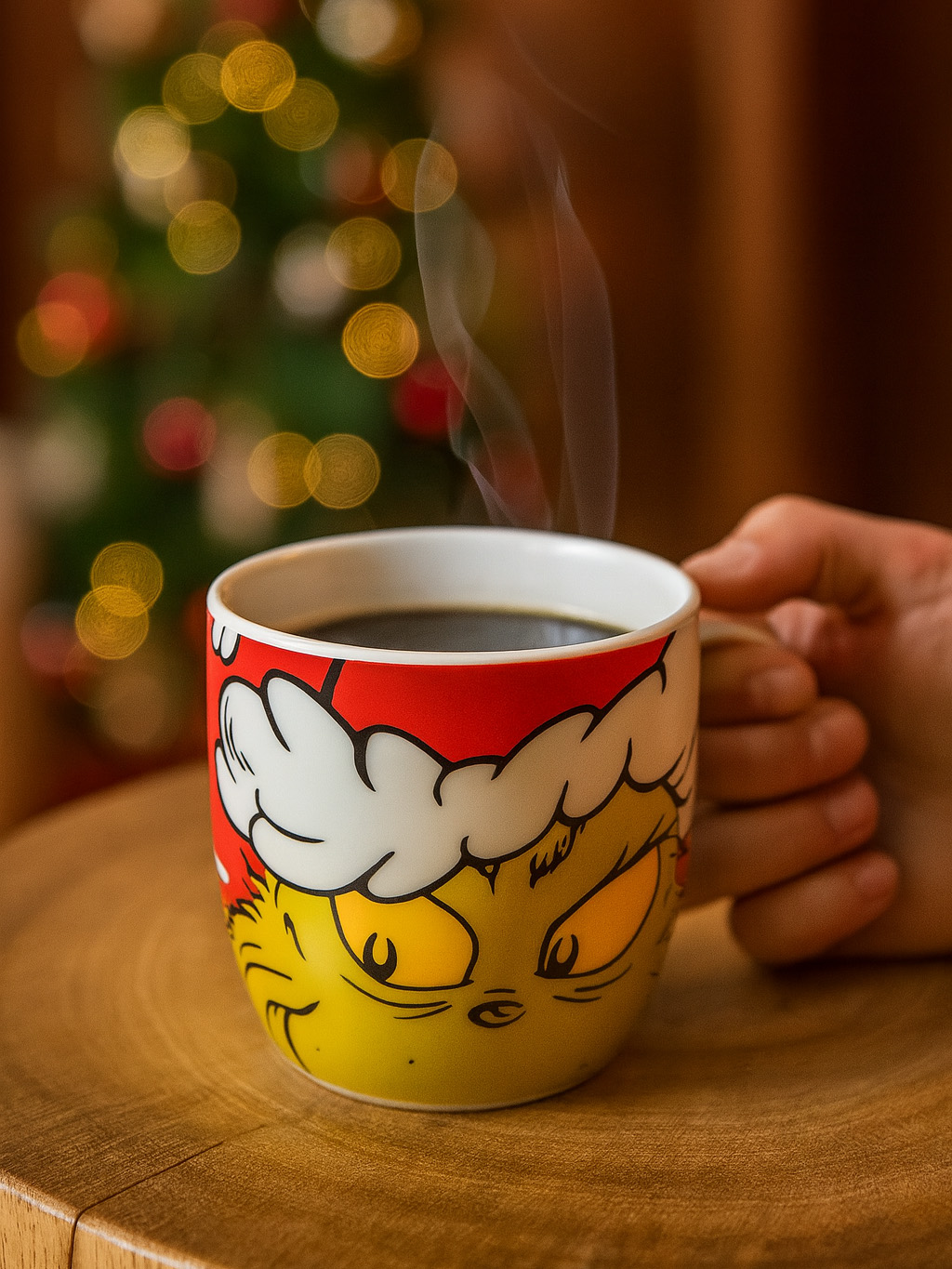Eine dampfende Kaffeetasse mit Grinch-Design wird von einer Hand gehalten. Im verschwommenen Hintergrund ist ein Weihnachtsbaum zu sehen.