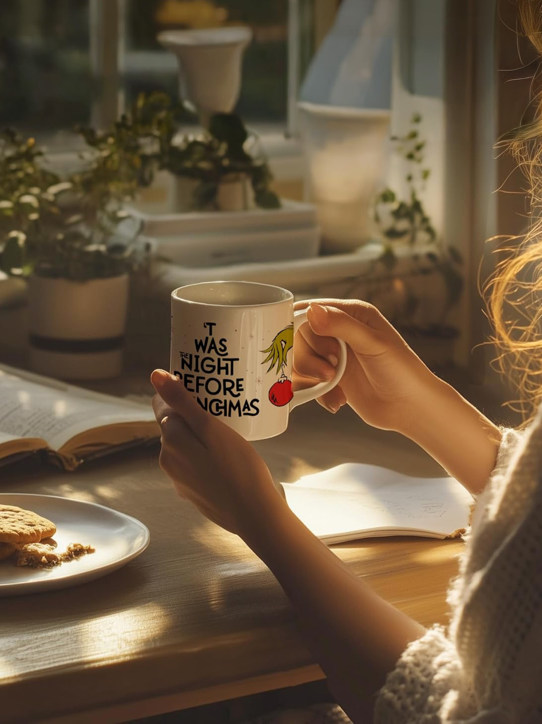 Eine Person hält eine Tasse mit der Aufschrift 'Twas the night before Grinchmas'. Kekse und ein offenes Buch liegen auf dem Tisch. Weiches Licht.