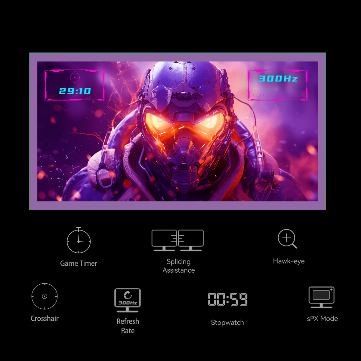 Ein futuristischer Soldat mit leuchtenden Augen auf einem Display. Symbole für Spielfunktionen wie Timer, Bildwiederholfrequenz und Fadenkreuz werden angezeigt.