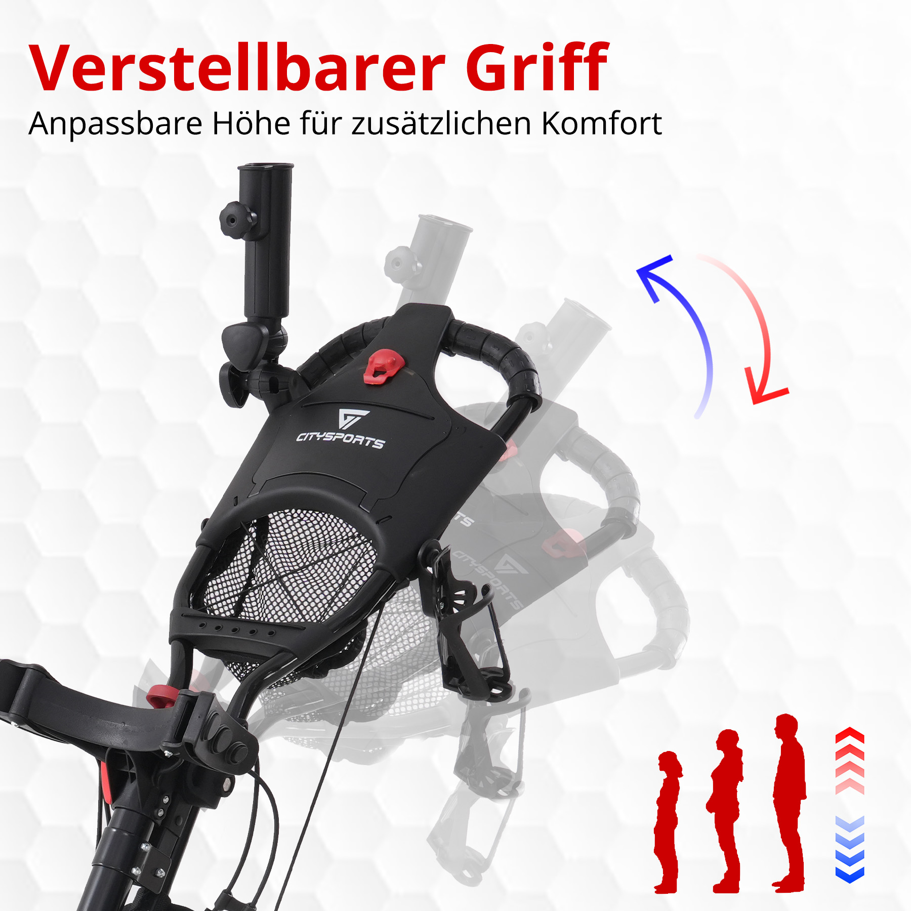 Schwarzer Golfwagen mit verstellbarem Griff. Rote und blaue Pfeile zeigen die Höhenverstellung. Silhouetten zeigen Optionen.