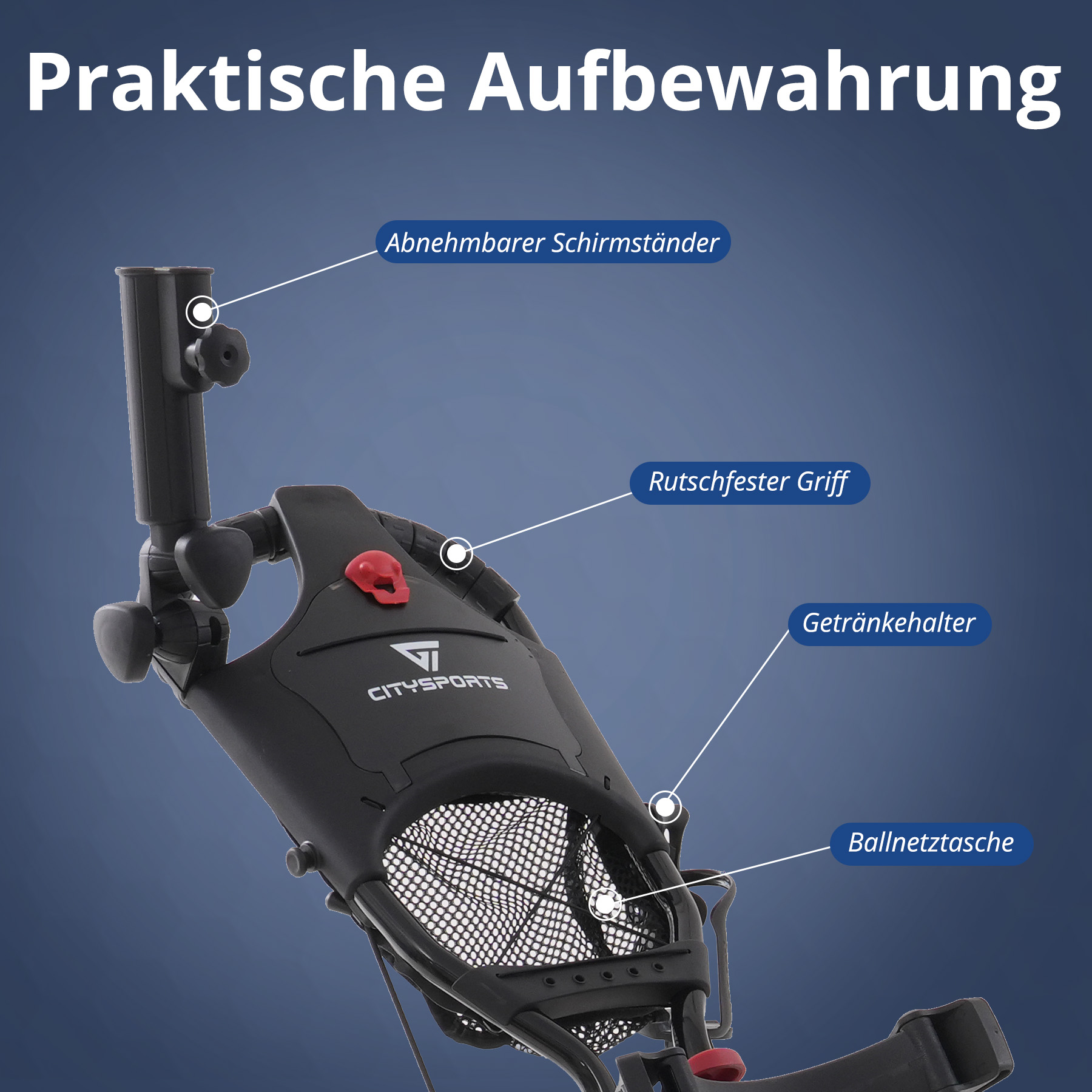 Ein schwarzer Golfwagen mit beschrifteten Merkmalen: Schirmhalter, rutschfester Griff, Getränkehalter und Ballnetztasche. Blauer Hintergrund.