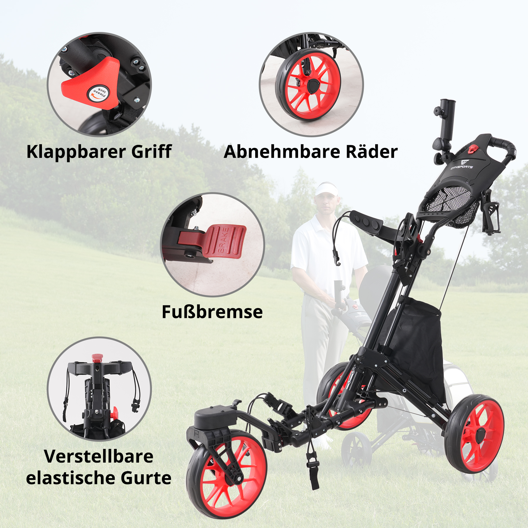 Schwarzer Golfwagen mit roten Rädern und verschiedenen Funktionen, einschließlich Klappgriff und Fußbremse, auf Gras.