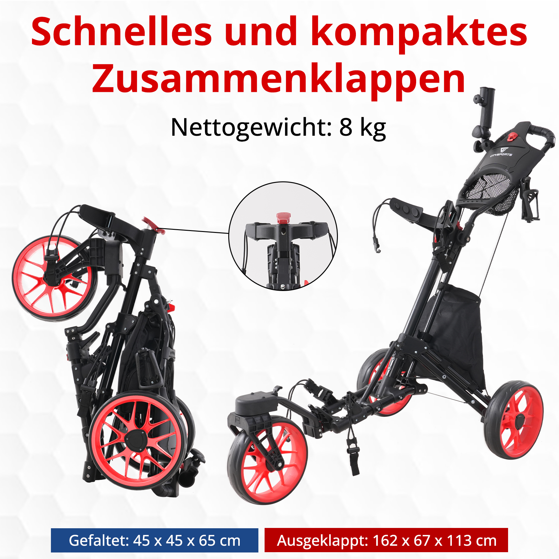 Schwarzer Golfwagen mit roten Rädern, gefaltet und entfaltet. Text: Schnelles und kompaktes Zusammenklappen. Gewicht: 8 kg.