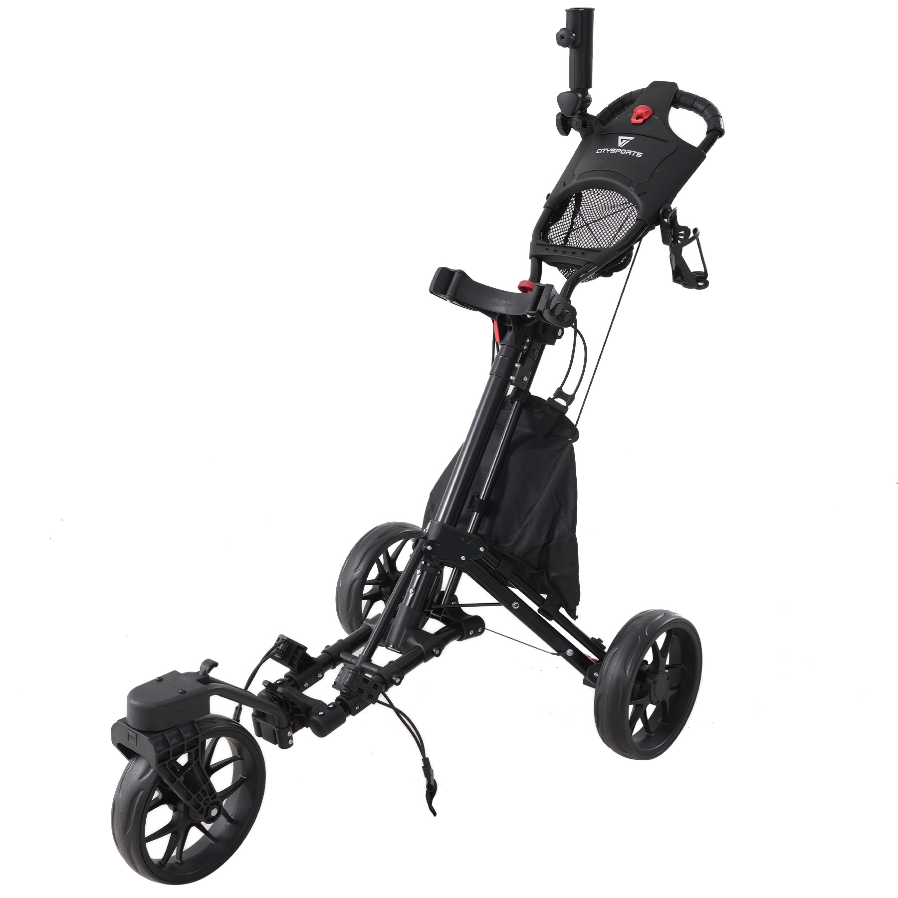 Czarny wózek golfowy z trzema kołami na białym tle. Posiada uchwyt na torbę, rączkę i logo City Sports.