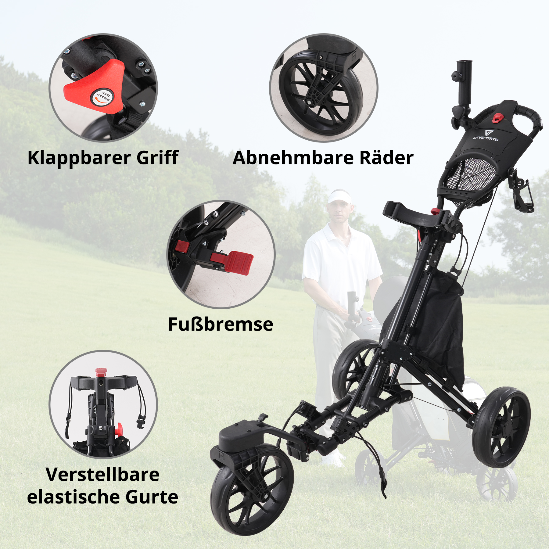Ein schwarzer Golfwagen wird mit Nahaufnahmen von Klappgriff, Rädern, Fußbremse und verstellbaren elastischen Gurten gezeigt.