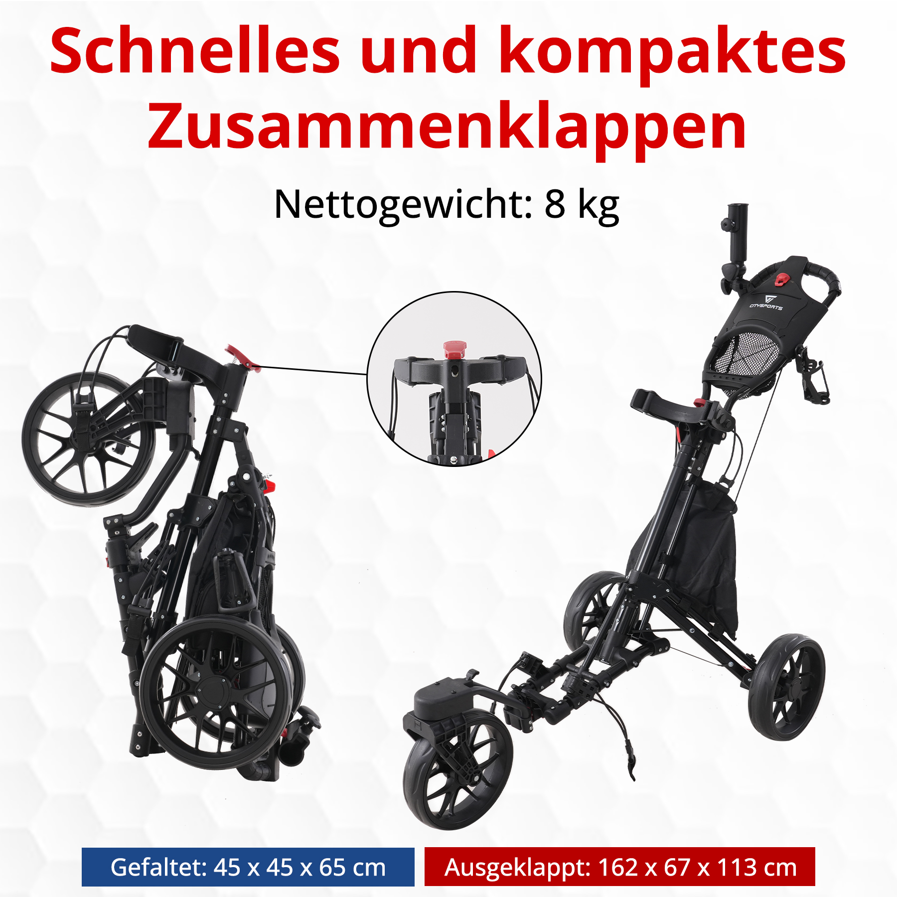 Ein schwarzer Golfwagen, gefaltet und entfaltet. Text auf Deutsch: Schnelles und kompaktes Zusammenklappen. Nettogewicht: 8 kg.