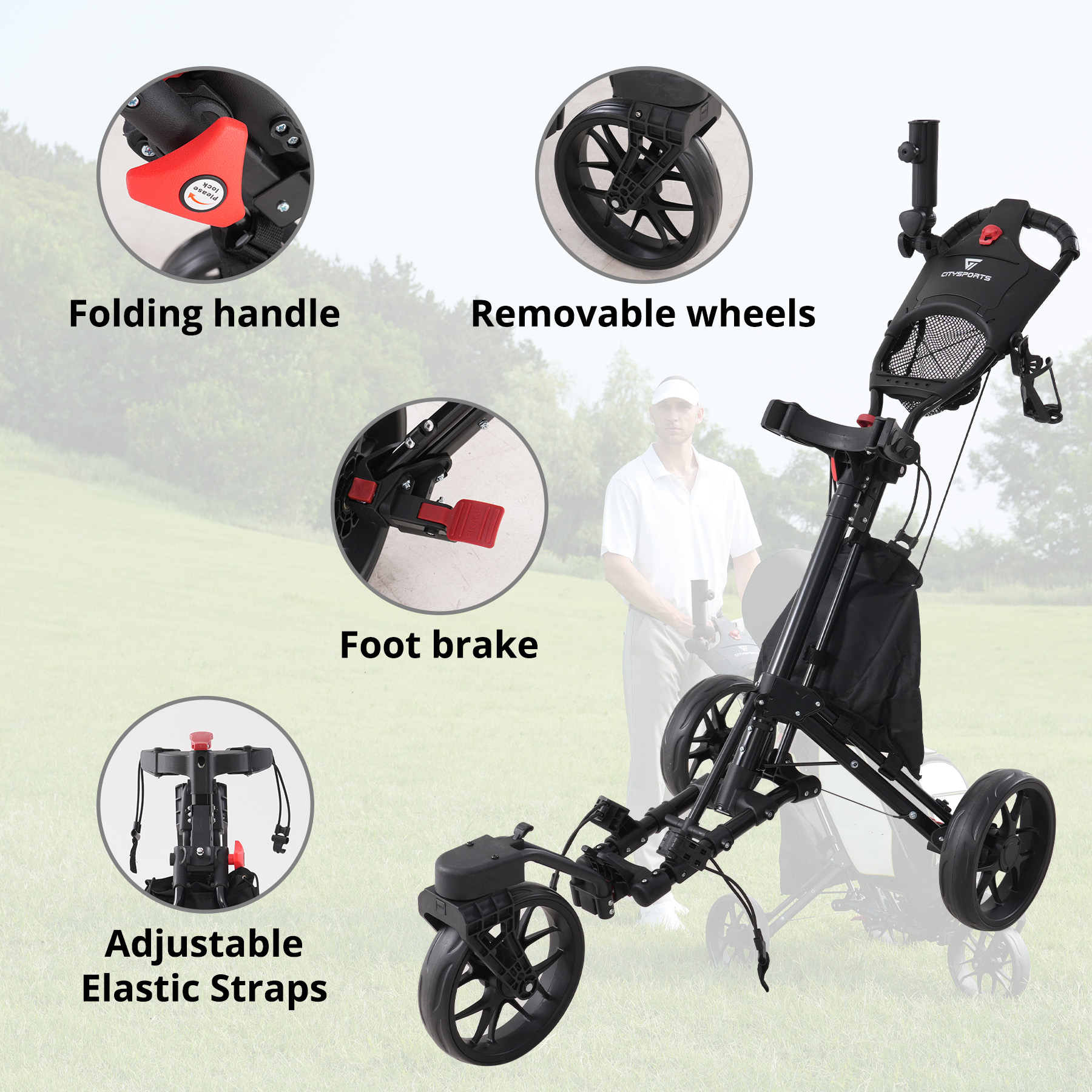 Schwarzer Golf-Push-Wagen mit abnehmbaren Rädern, Klappgriff, Fußbremse und verstellbaren Gurten. Im Hintergrund steht ein Mann in Weiß.