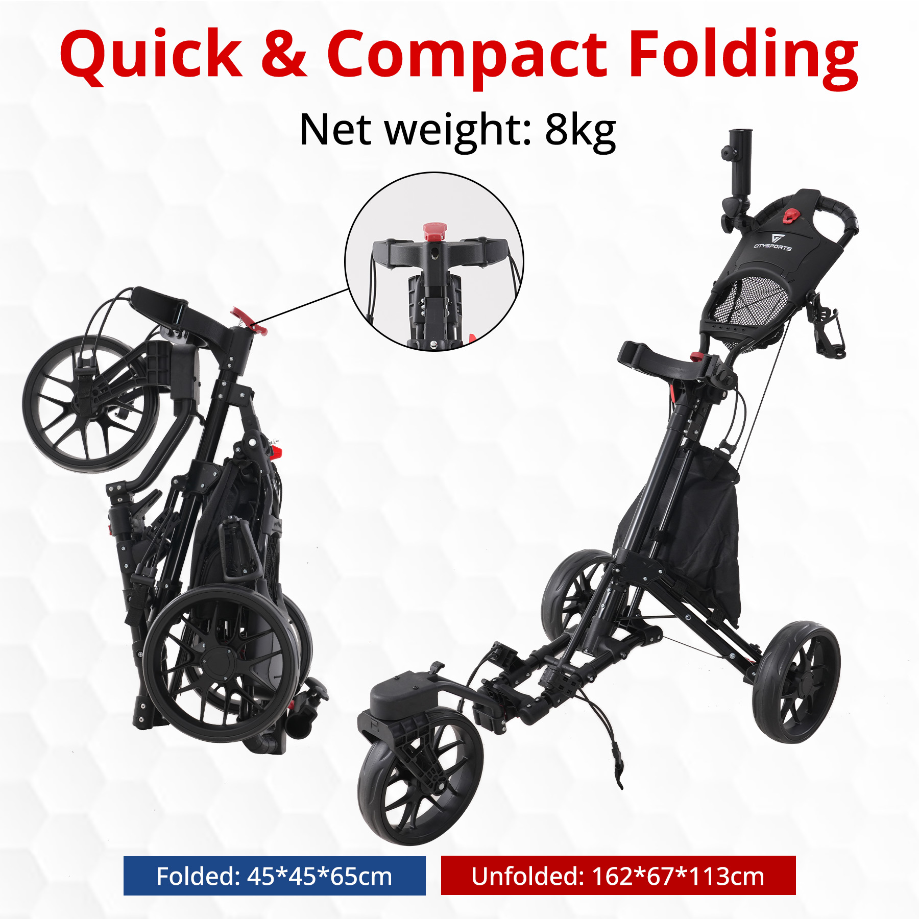 Ein schwarzer Golfwagen, gefaltet und entfaltet, mit den Abmessungen. Text lautet 'Quick & Compact Folding', 'Netto-Gewicht: 8 kg'.