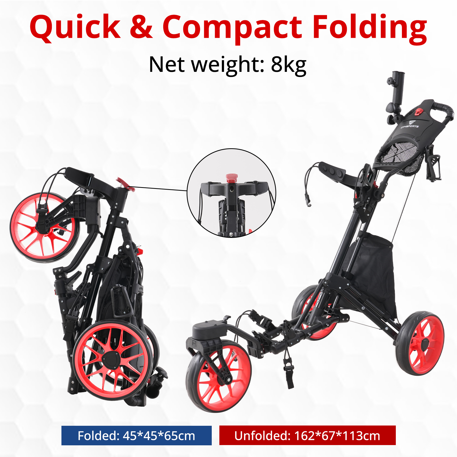 Golfkar, opgevouwen en uitgevouwen. Zwart frame, rode wielen. Tekst: Snel & Compact Opvouwen, Netto gewicht: 8 kg. Afmetingen aangegeven.