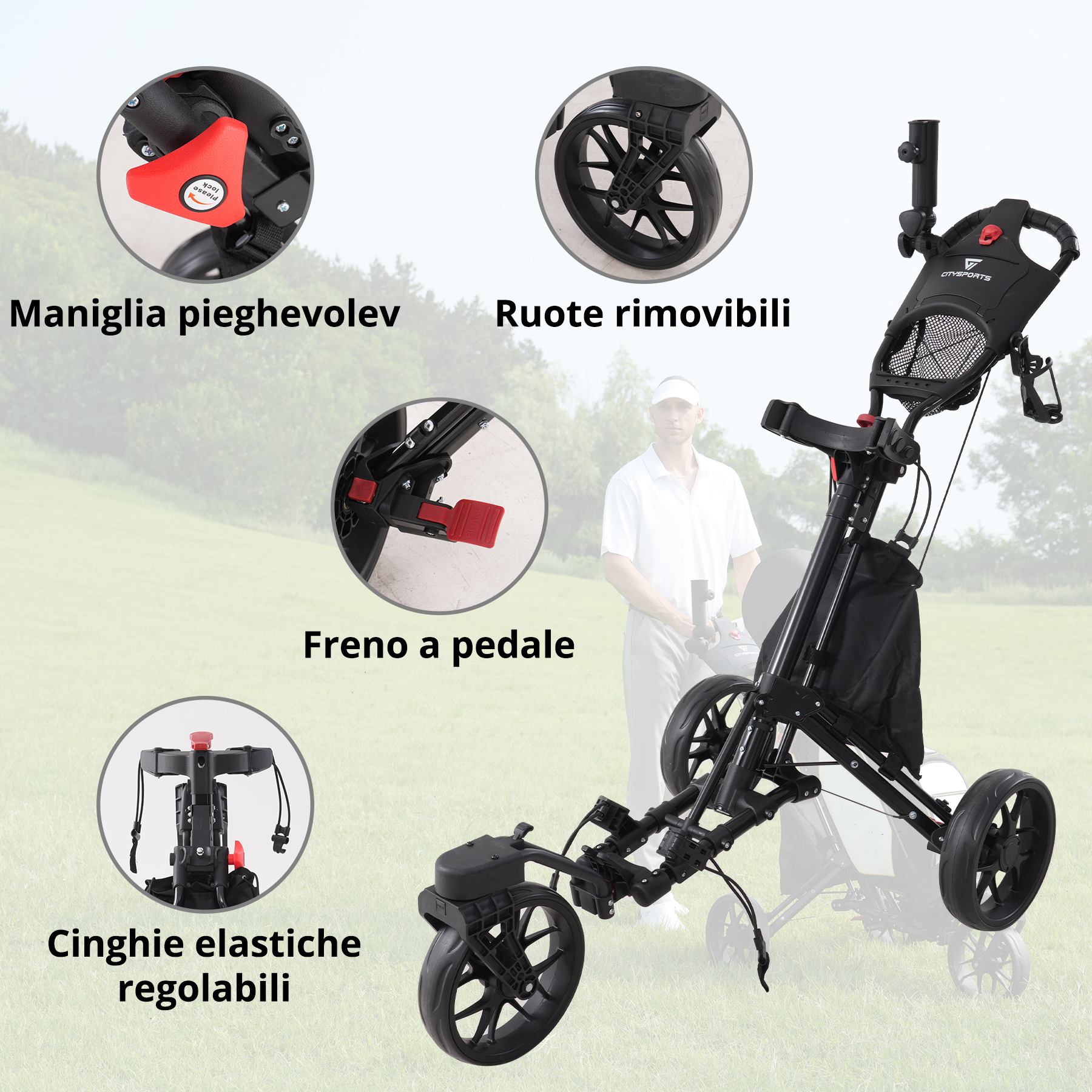Un carrello da golf nero con ruote rimovibili, cinghie regolabili e freno a pedale. Una persona con la camicia bianca è vicina.