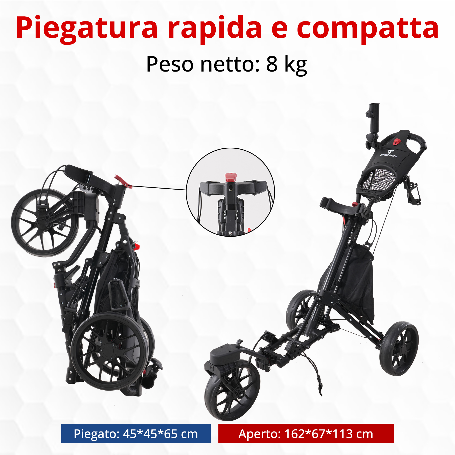 Carrello da golf nero, piegato e aperto. Testo: Piegatura rapida e compatta, Peso netto: 8 kg. Le dimensioni sono elencate.
