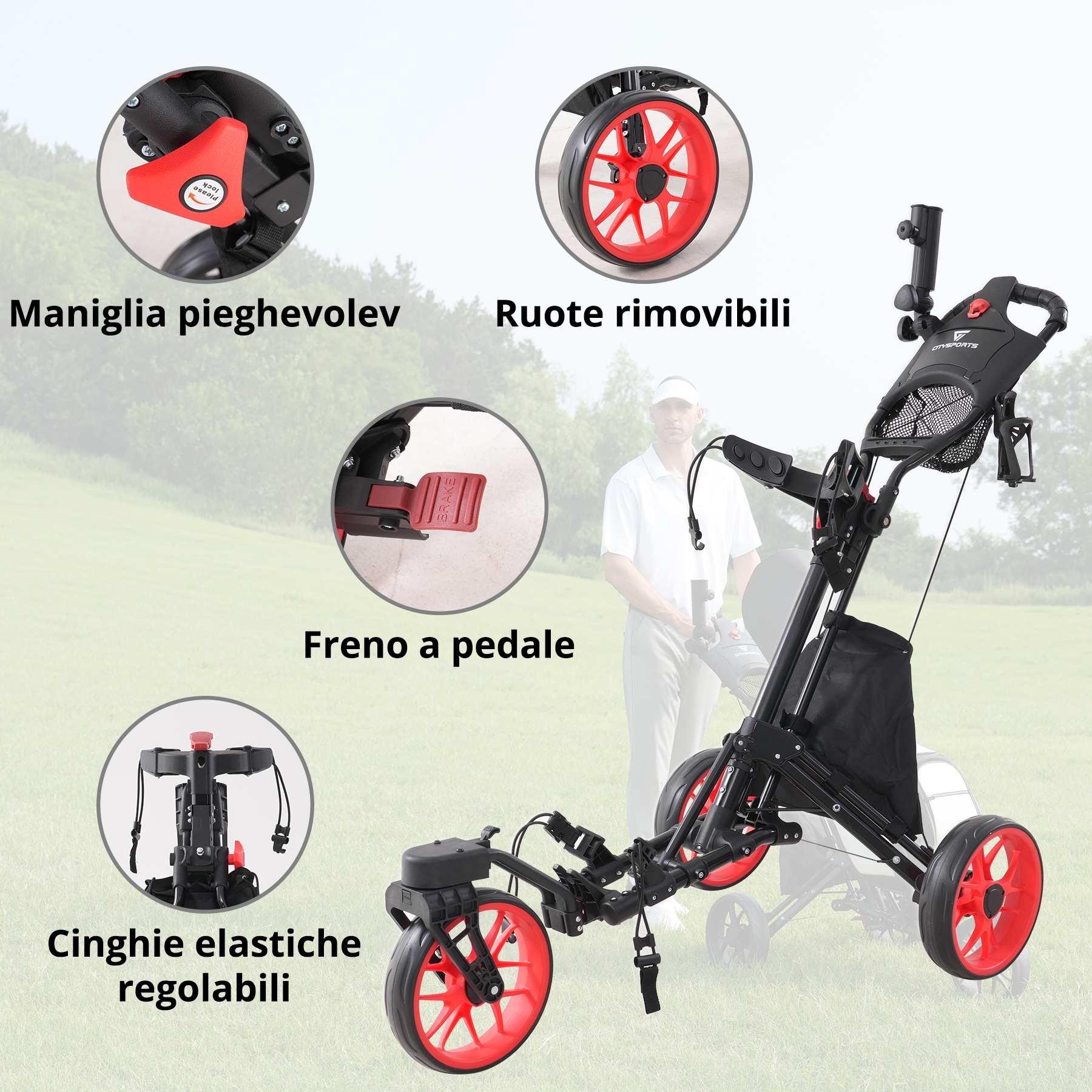 Un carrello da golf nero con ruote rosse. Dispone di maniglia pieghevole, ruote rimovibili, freno a pedale e cinghie regolabili.