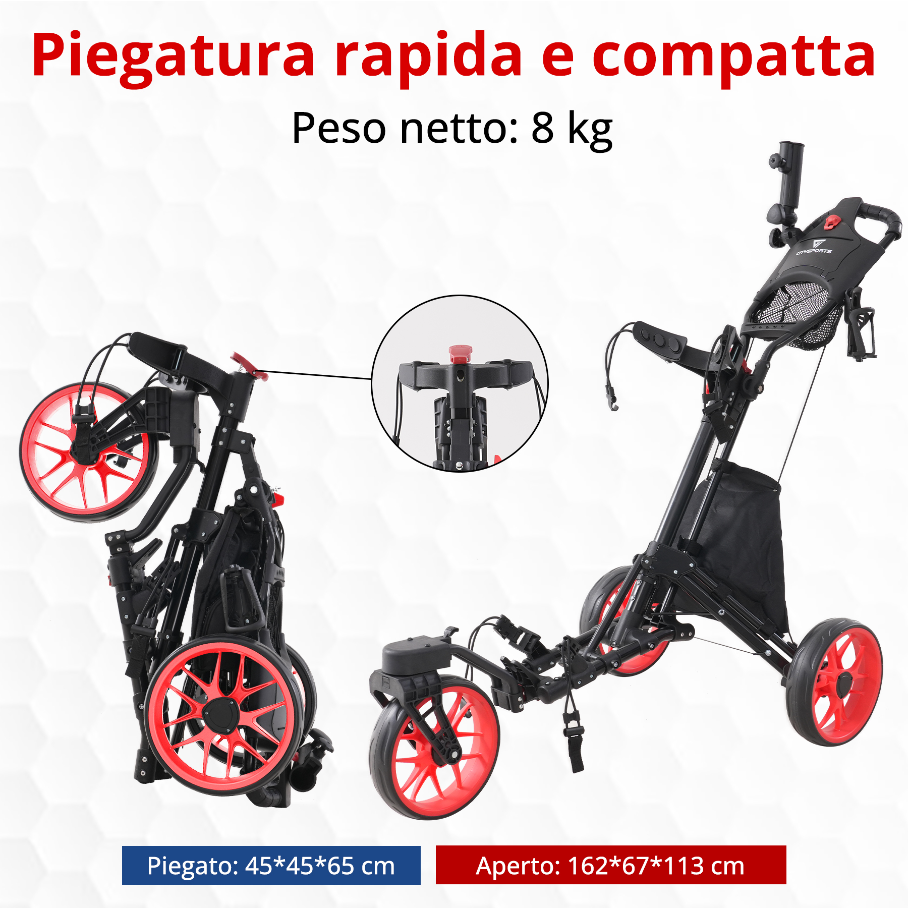 Carrello da golf nero, piegato e aperto. Ruote rosse e nere. Testo in italiano. Sono indicate le dimensioni.