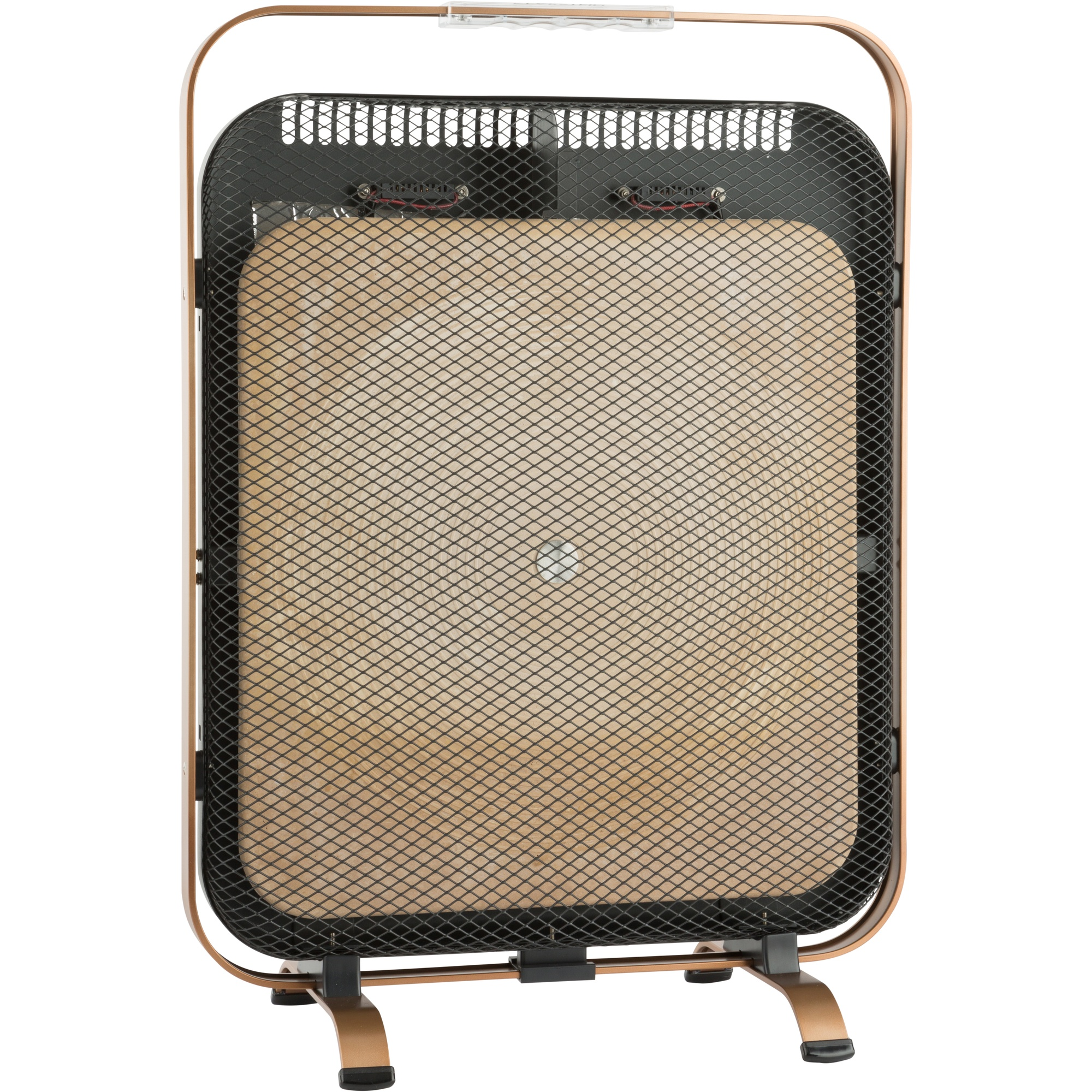 Ein kupfer-schwarzer Elektroheizer auf weißem Hintergrund. Es hat eine Mesh-Front und einen Griff oben.