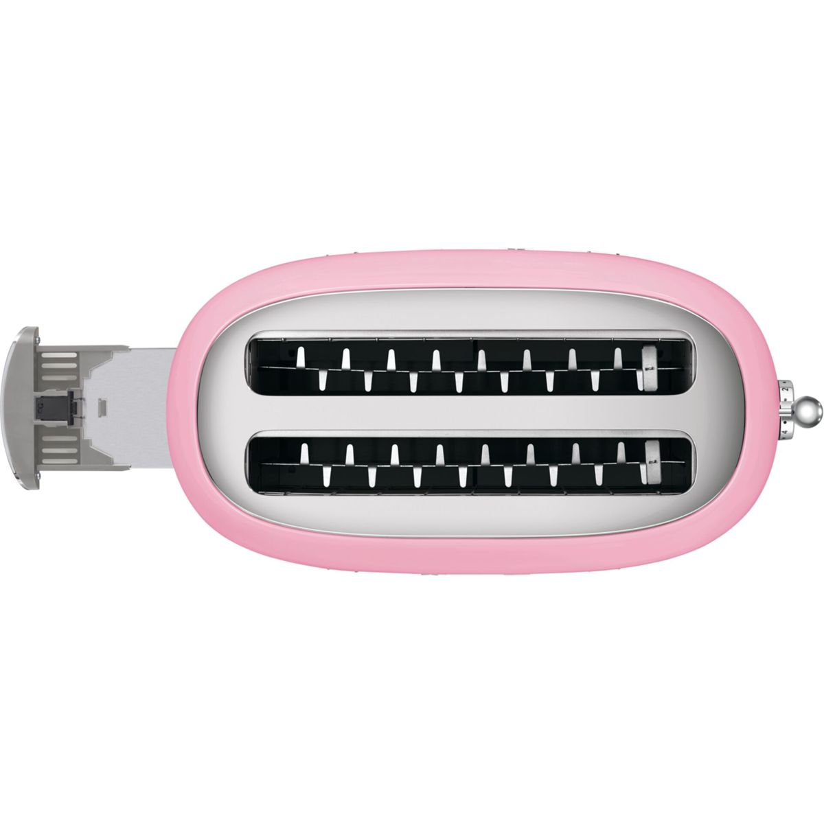 Widok z góry na różowy toster. Ma dwa otwory, dźwignię i pokrętło do kontroli brązowienia. Tło jest białe.