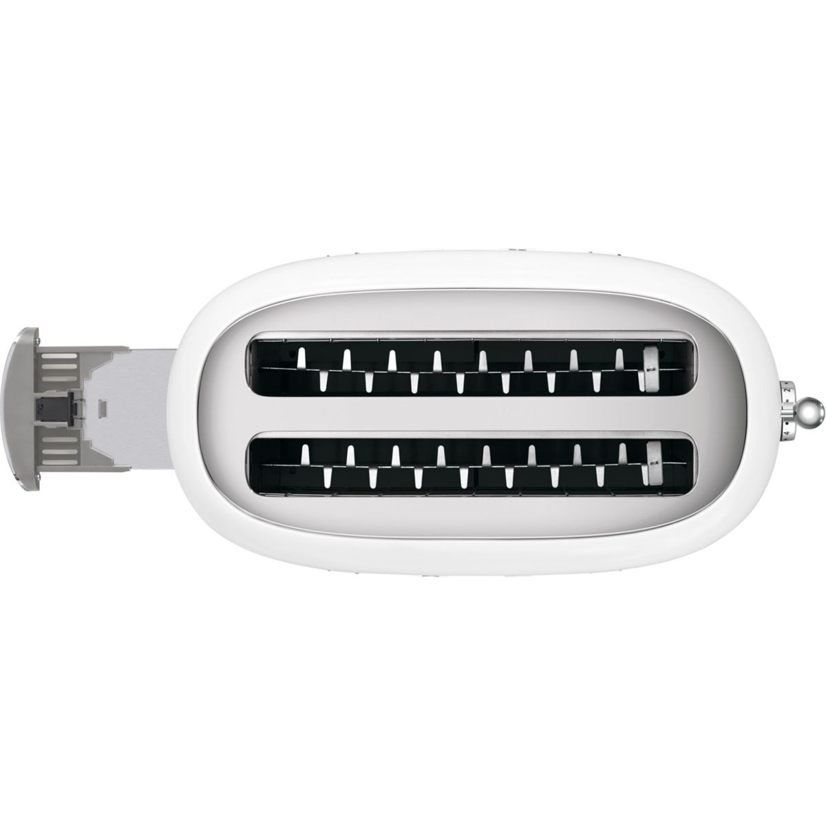 Biały toster, widok z góry. Ma dwa otwory na chleb. Dźwignia jest po lewej, a pokrętło ustawień po prawej.