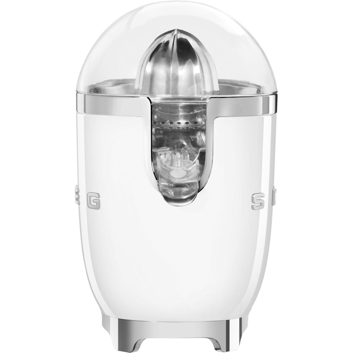 Biała i chromowana wyciskarka do cytrusów. Ma przezroczystą kopułę i srebrny rozdrabniacz. Podstawa jest biała.