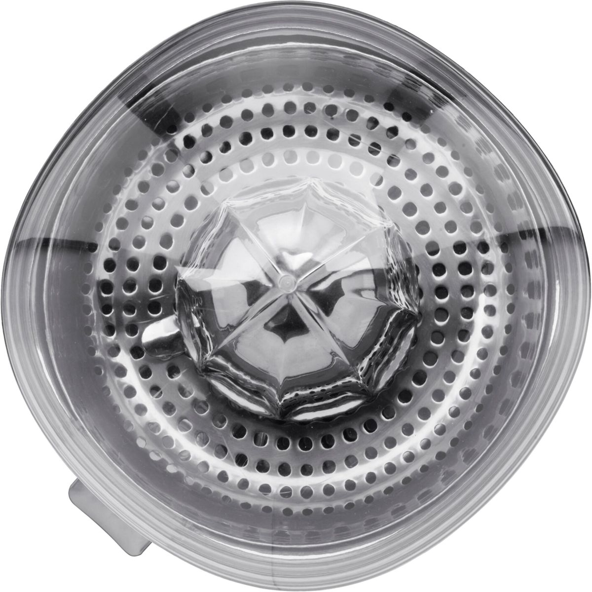 Zbliżenie wyciskarki do cytrusów ze stali nierdzewnej, pokazujące rozwiertak, sitko i przezroczystą plastikową miskę. Widoczne otwory.